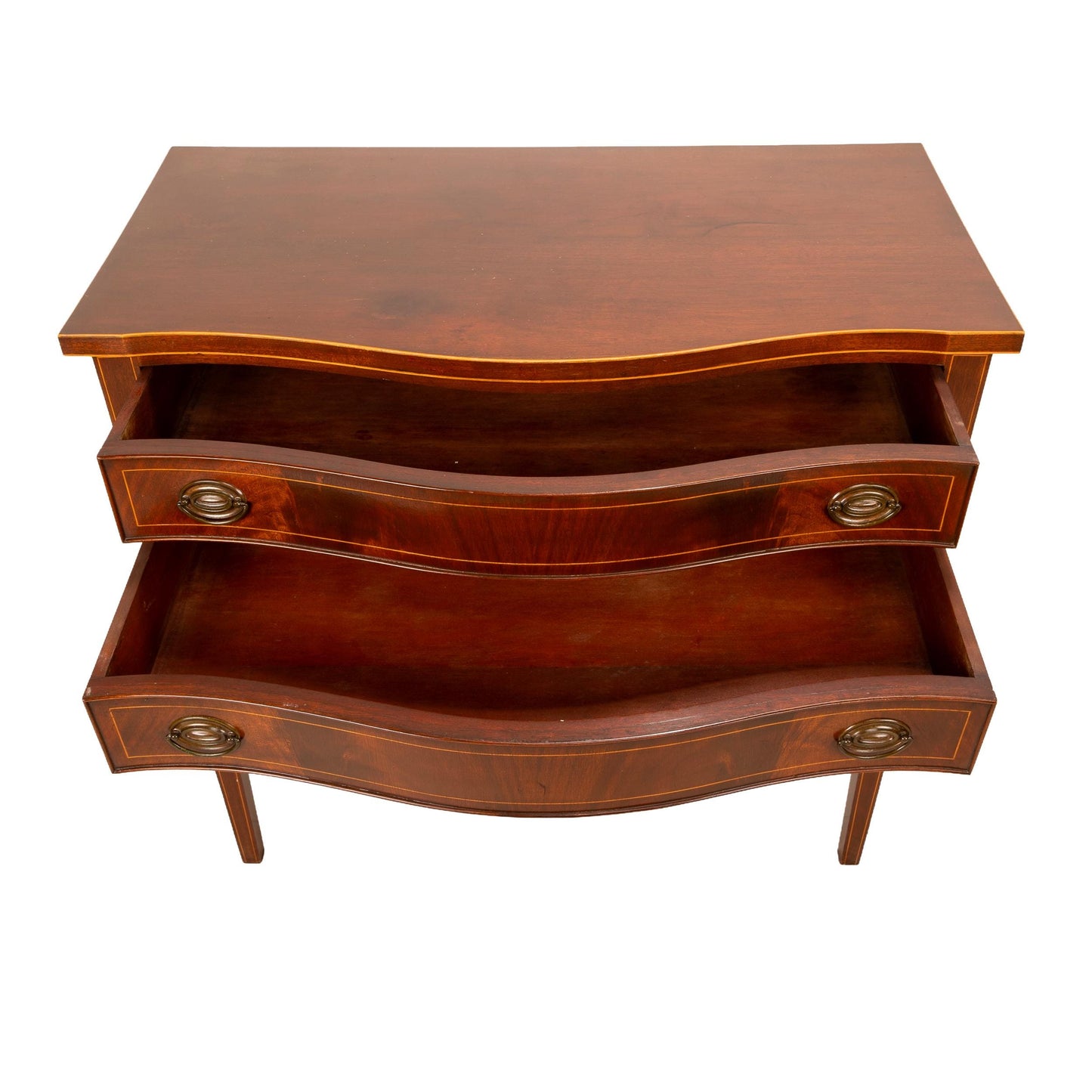 Vintage Federal Style Bow-Front Two-Drawer Console Table W/ Flamed Mahogany Details and Brass Hardware