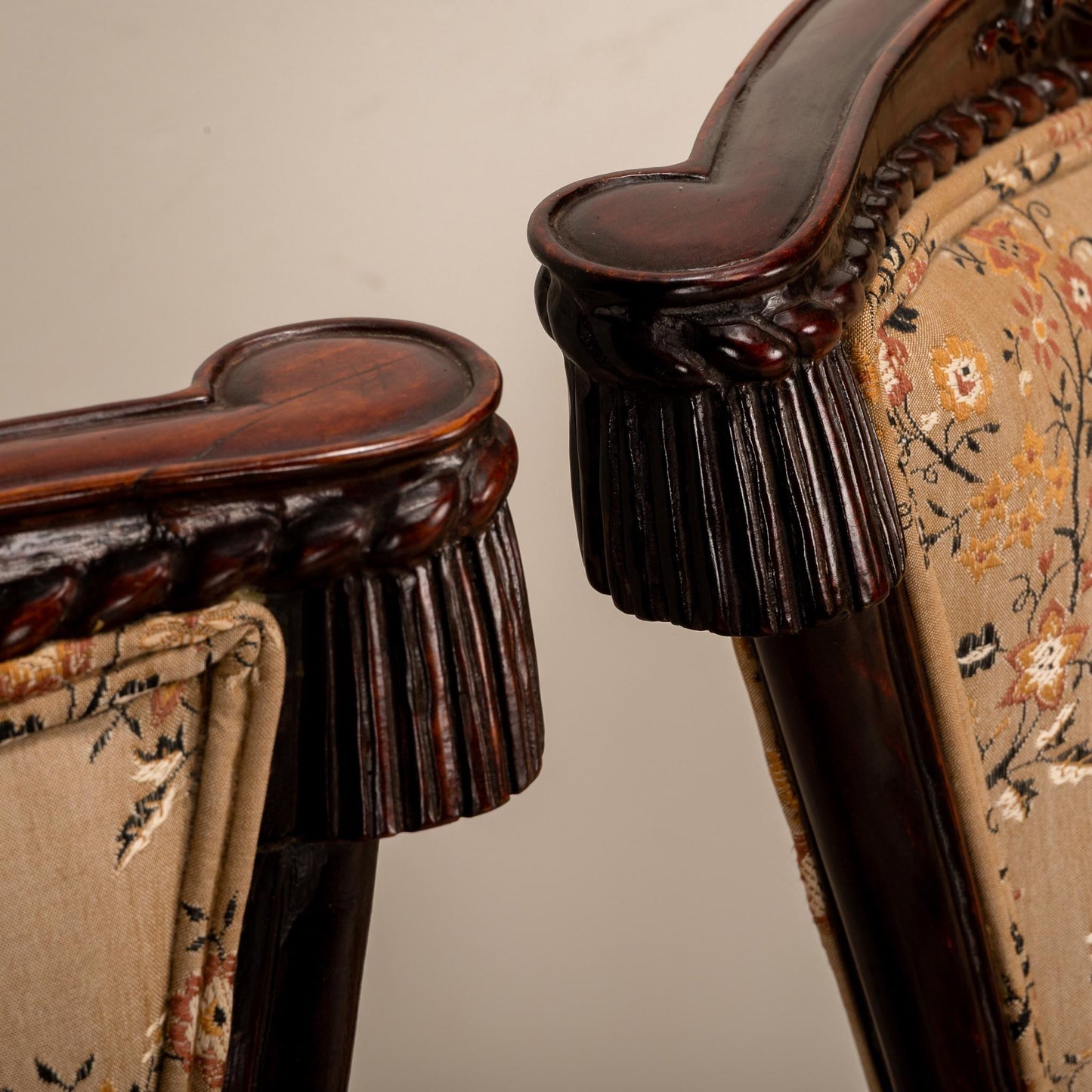 1940s Grosfeld House Carved Mahogany Tassel Back Dorothy Draper Style Bergere Chairs - A Pair Hollywood Regency Tassel Swag USA Ship Avail