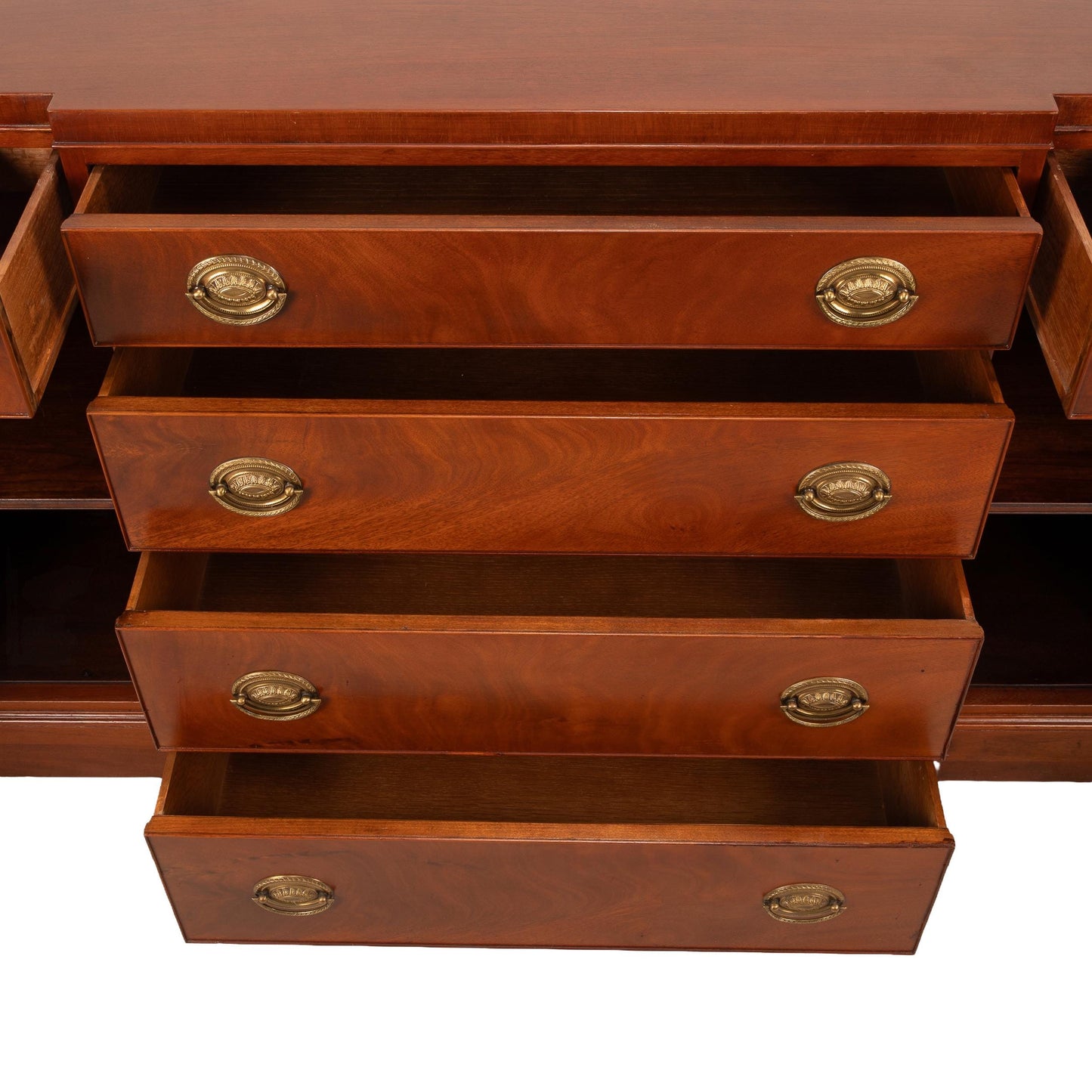 Baker Furniture Flamed Mahogany Sideboard With Brass Pulls & Locking Cabinets