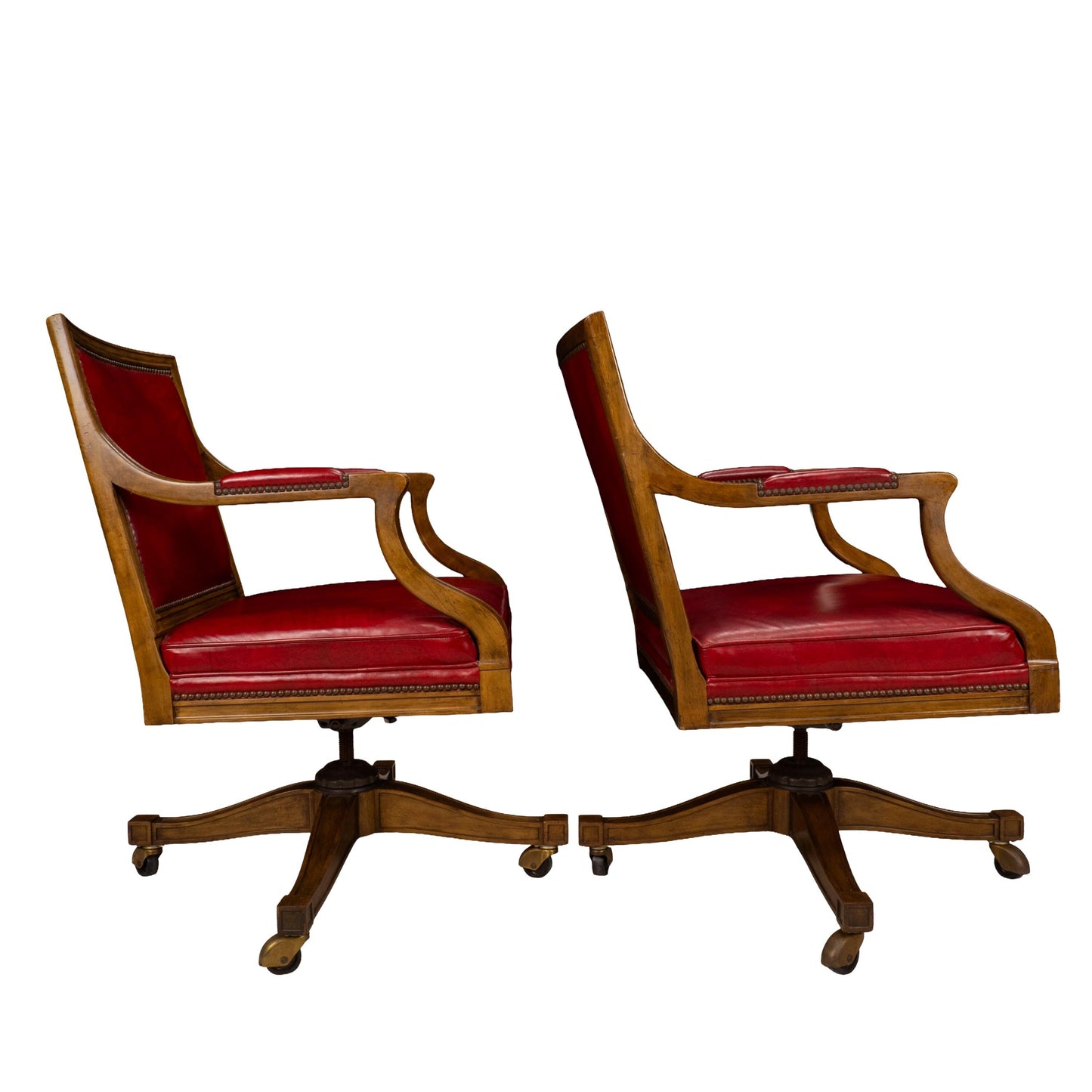 Pair of Baker Furniture Rolling Executive Chairs in Carved Wood & Burgundy Vinyl Upholstery