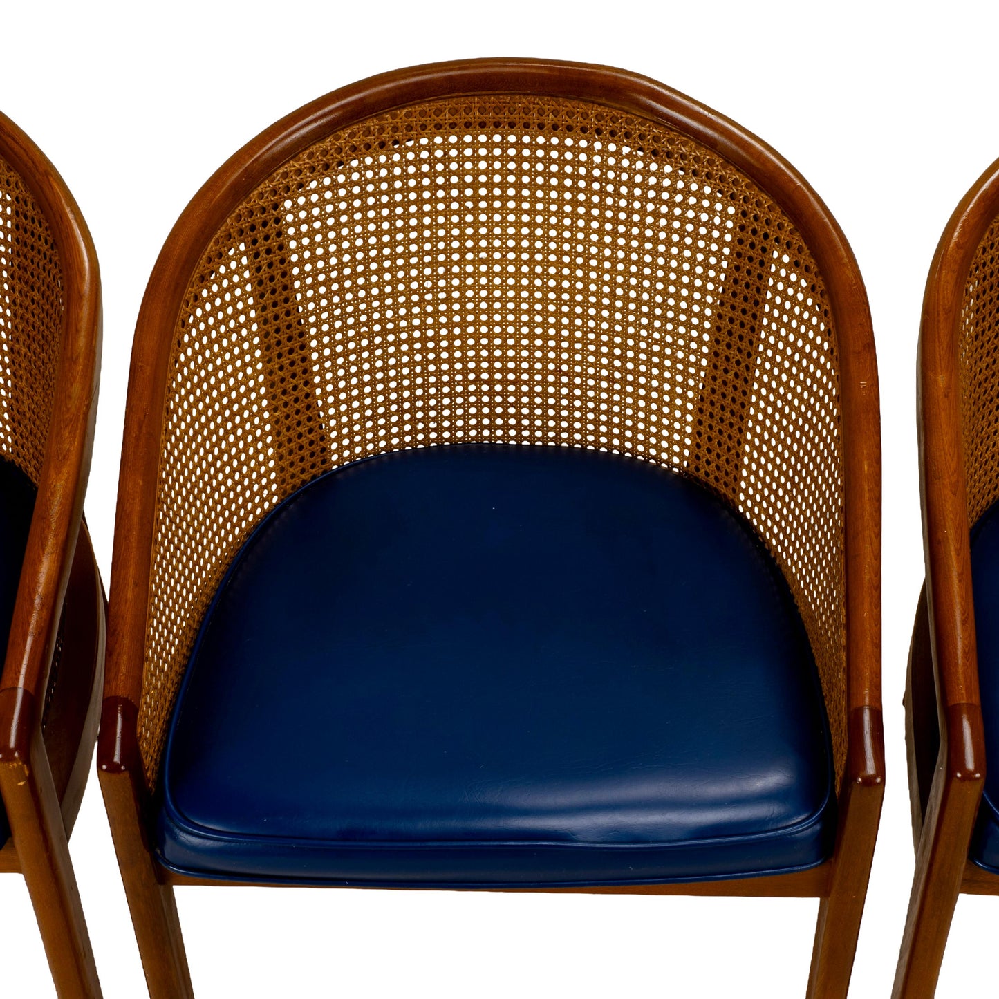 Set of 4 Bent Oak & Cane Tub Chairs on Casters W/ Royal Blue Cushions in the Manner of Ward Bennett