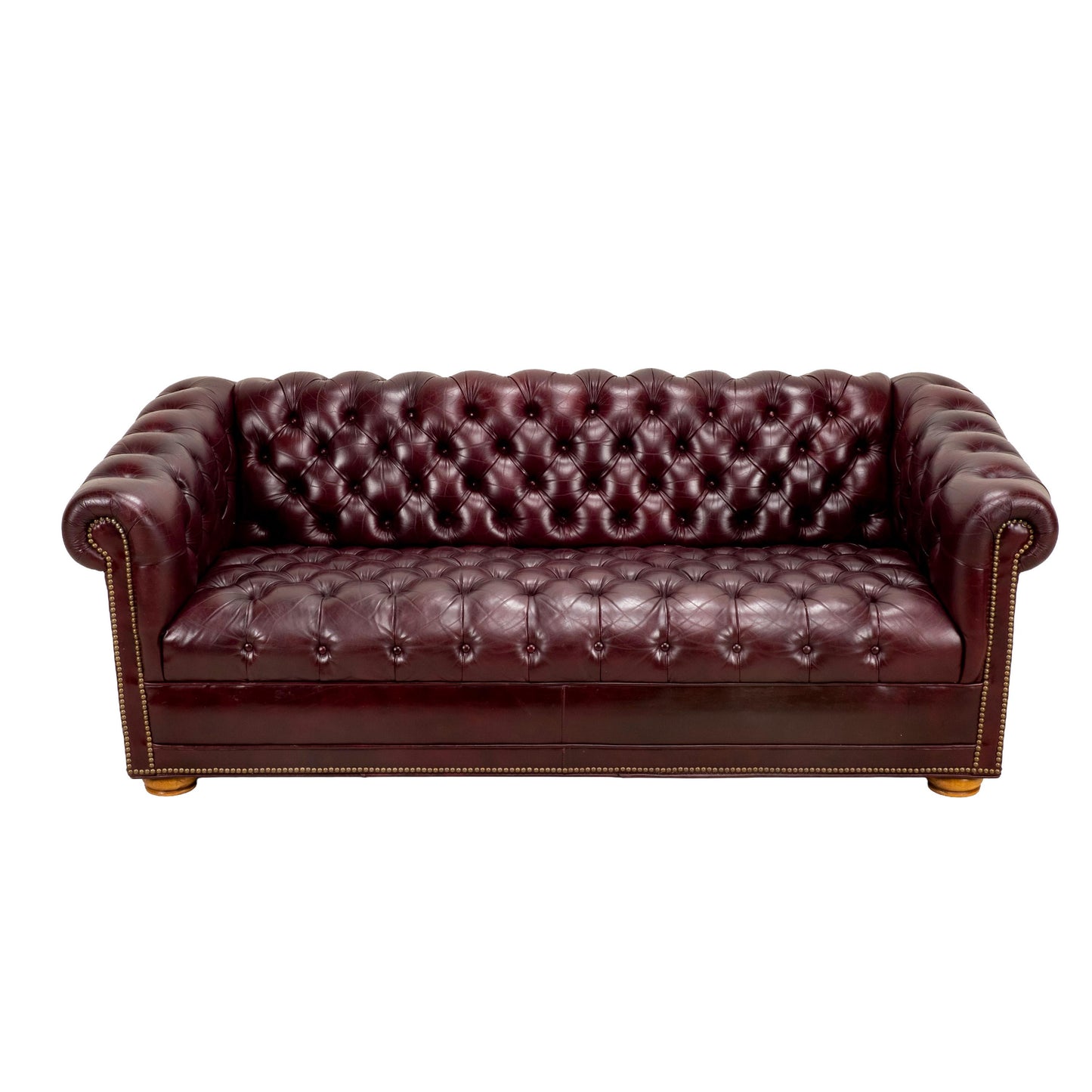 Vintage 1970s Tufted English Chesterfield Style Burgundy Leather Sofa 76"