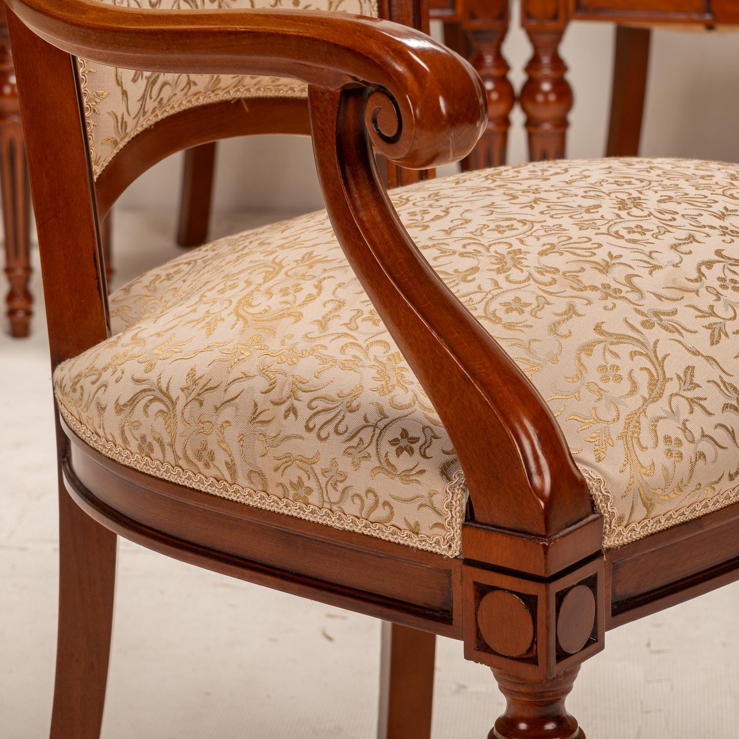 Exquisite French Neoclassic Style Carved Upholstered Dining Chairs - Set of 8 , High End Luxury Seating, Spring Seats, Mahogany Wood
