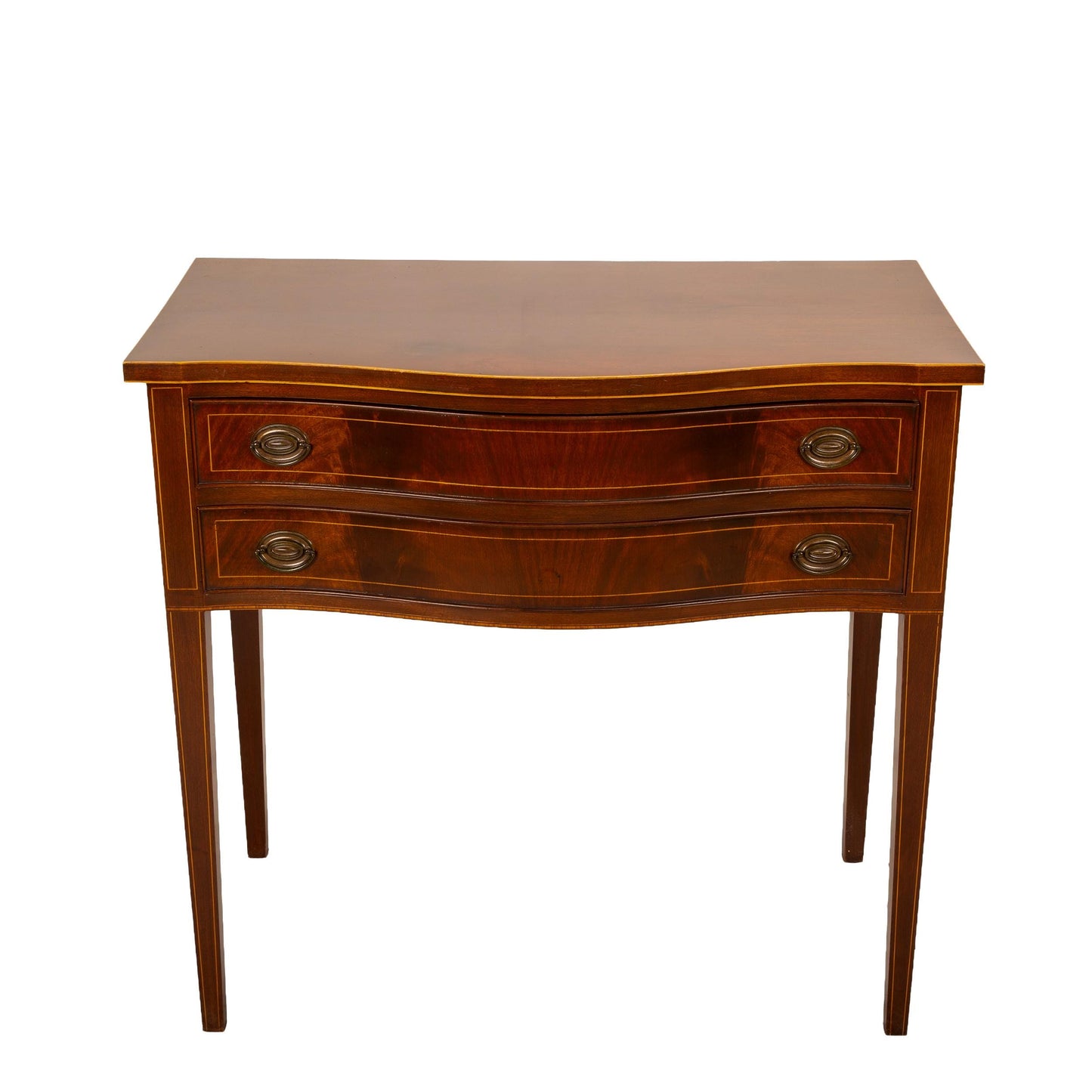 Vintage Federal Style Bow-Front Two-Drawer Console Table W/ Flamed Mahogany Details and Brass Hardware