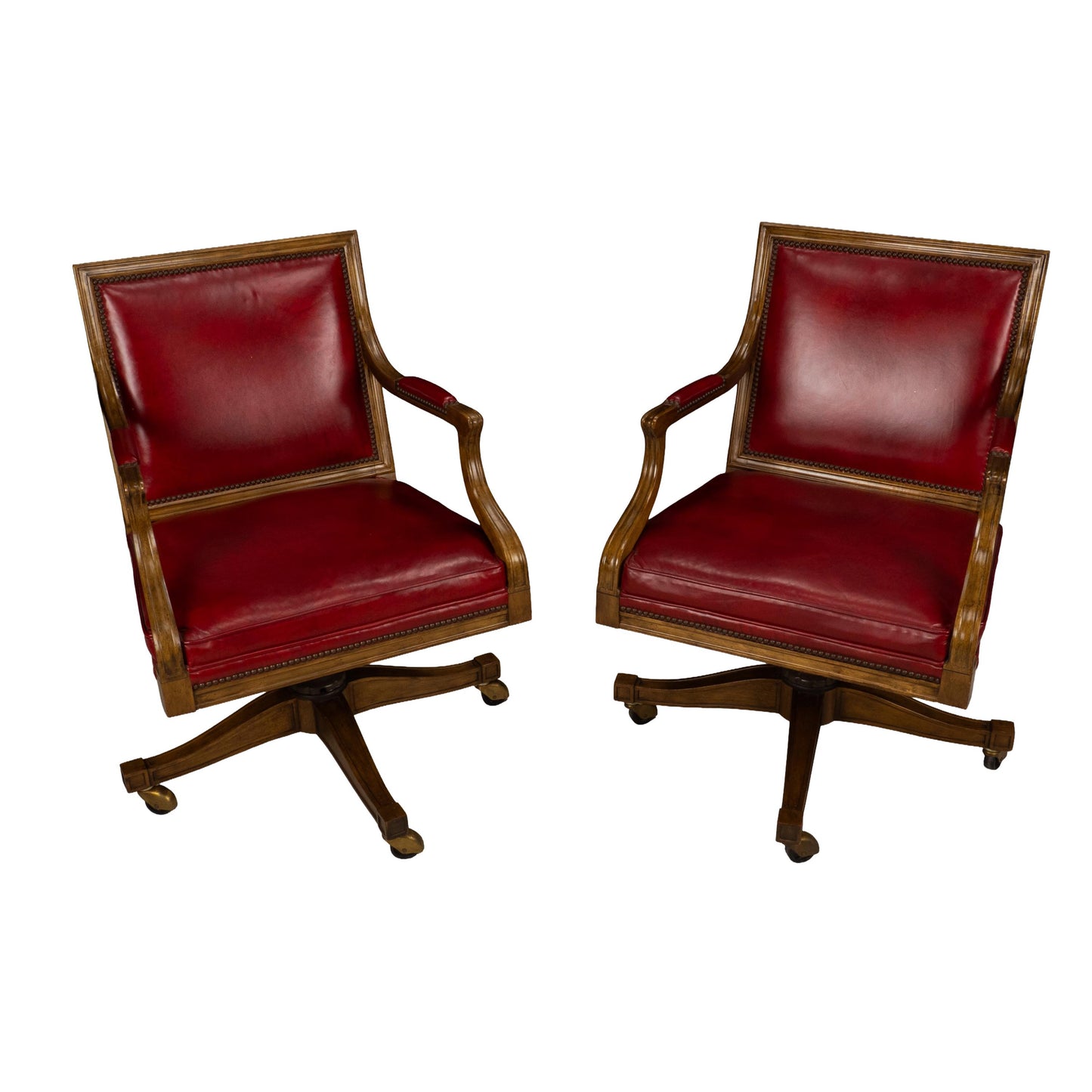 Pair of Baker Furniture Rolling Executive Chairs in Carved Wood & Burgundy Vinyl Upholstery