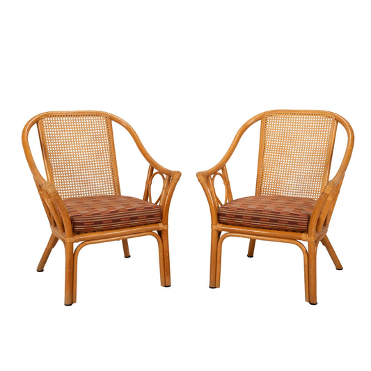 Mid Century Cane and Bamboo Coastal Side Chairs W/ Cushions & Caned Backs - A Pair, Tropical Palm Beach Style Decor