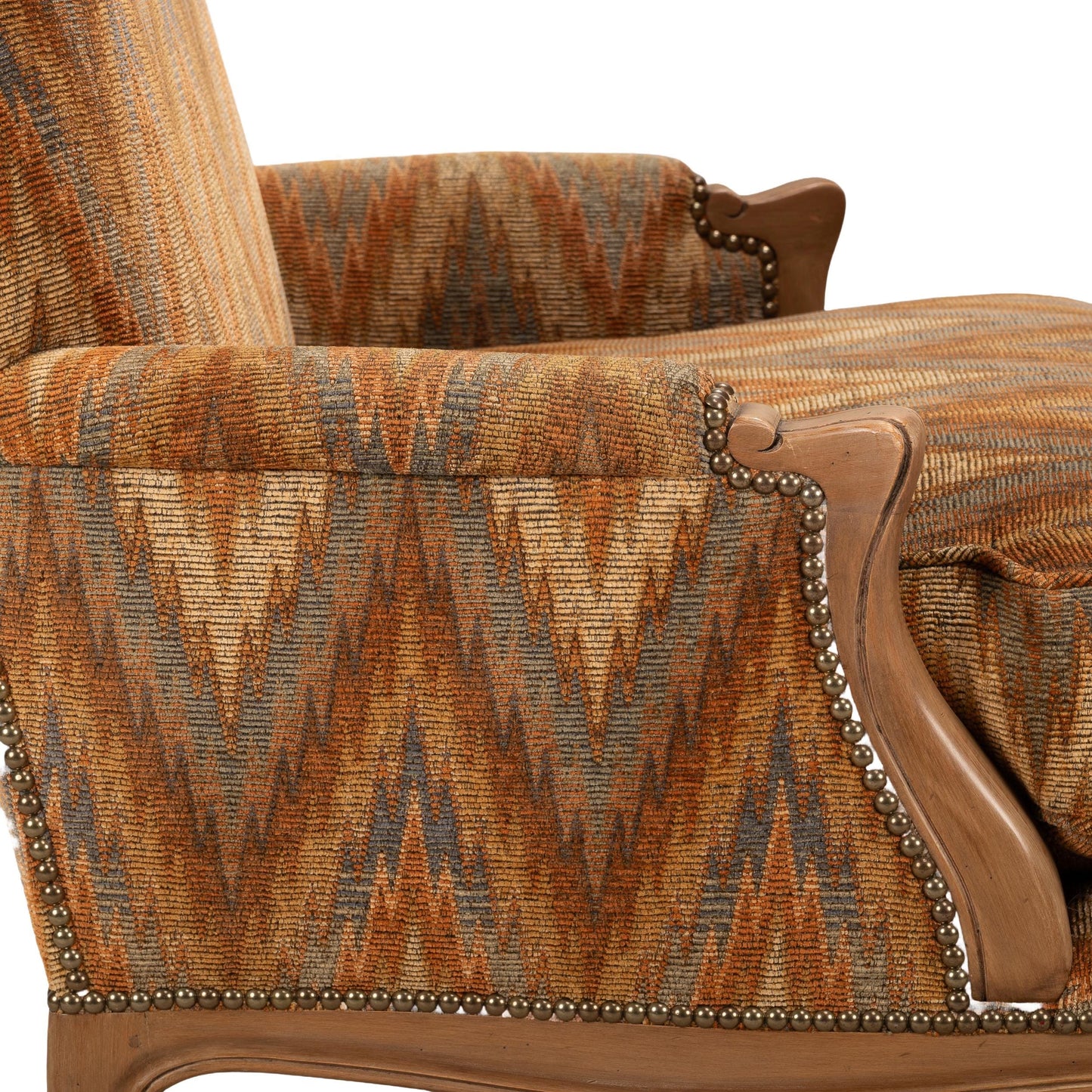 Louis XV Style Chevron Print Brass Studded Bergère Chairs by William Switzer – Pair, Vintage French Style Accent Seating