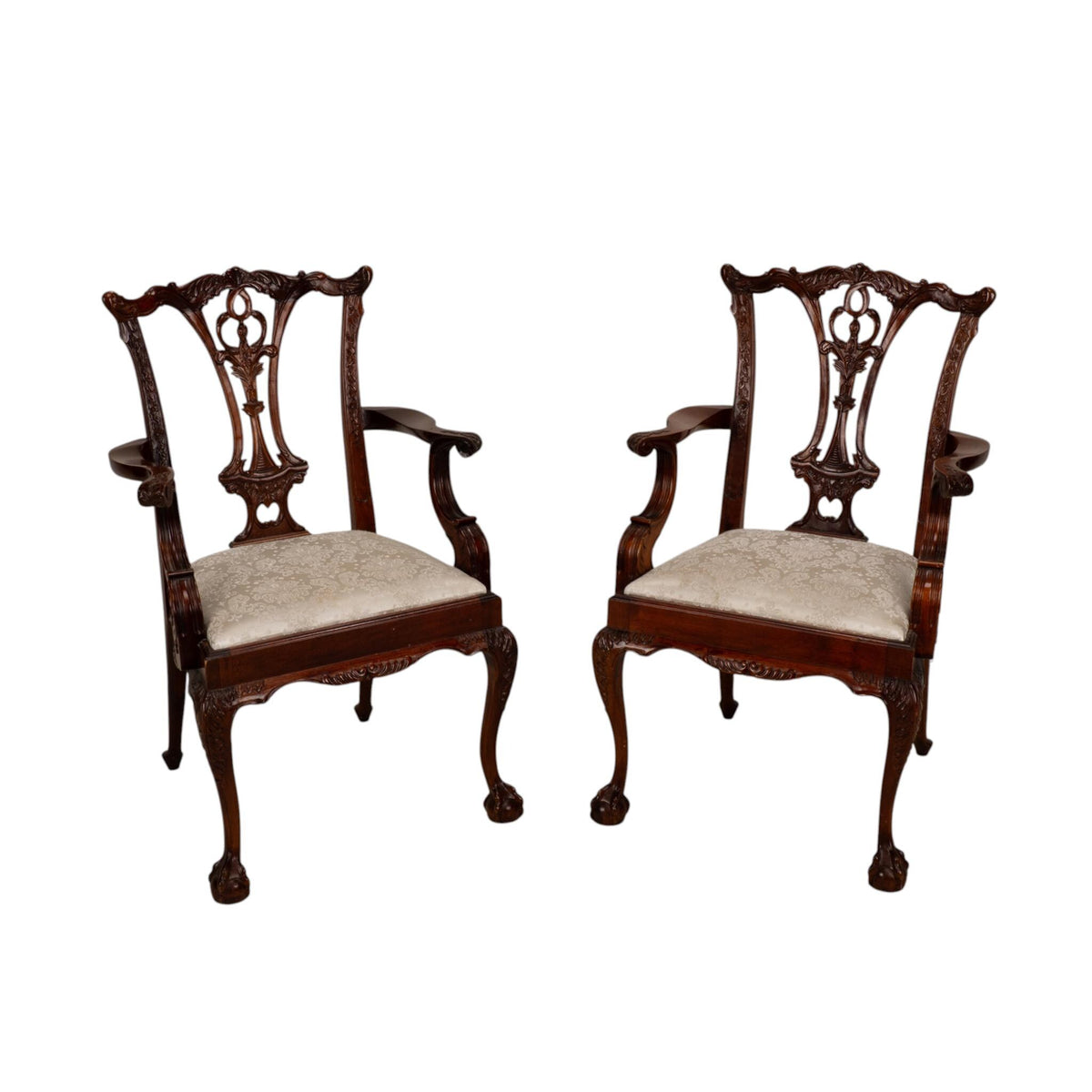 Pair Antique Chippendale Revival Carved Mahogany Ball & Claw Arm Chairs