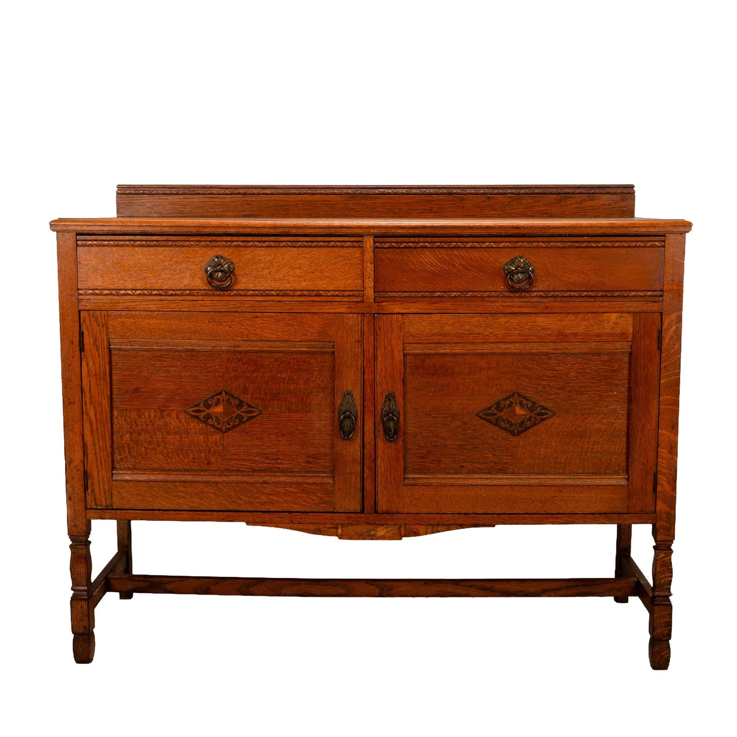 1940s English Jacobean Style Carved Tiger Oak Sideboard Buffet Credenza | Antique Server Cabinet | Vintage Dining Room Furniture