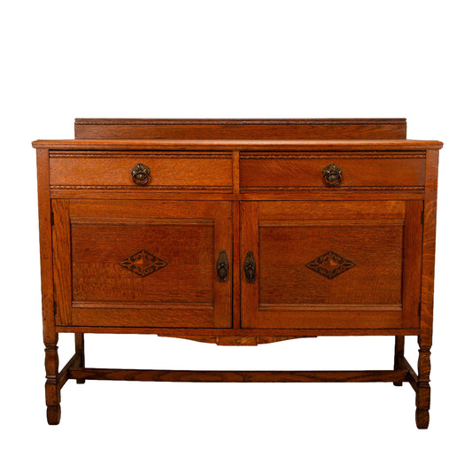 1940s English Jacobean Style Carved Tiger Oak Sideboard Buffet Credenza | Antique Server Cabinet | Vintage Dining Room Furniture
