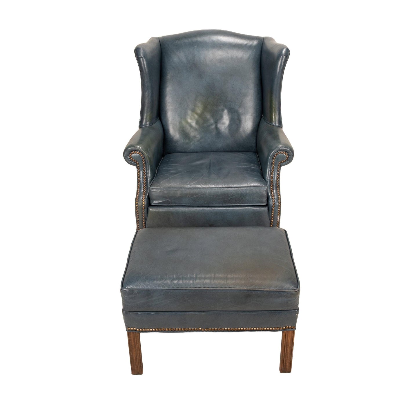 Ethan Allen Chippendale Wingback Chair & Ottoman – Blue 100% Leather Armchair – Brass Nailhead Studs – Vintage Library or Study Chair