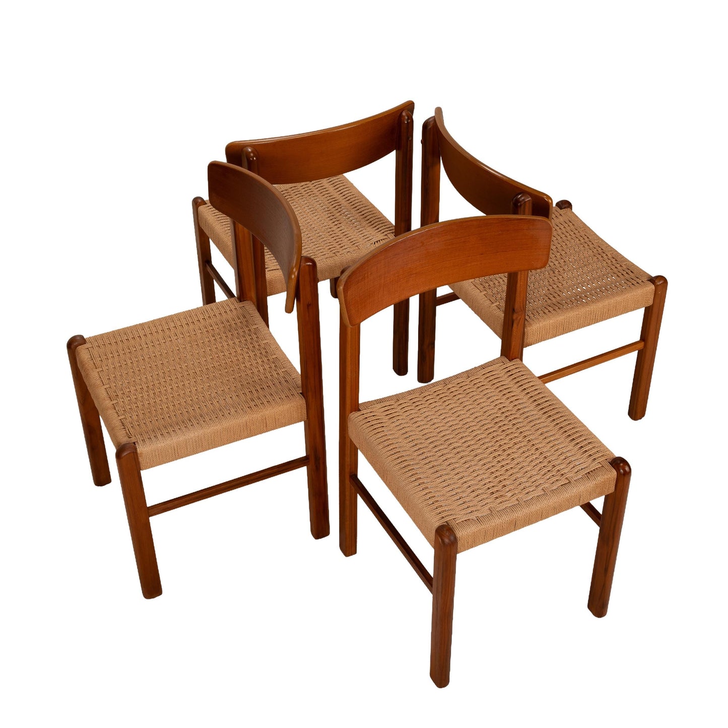 Scandinavian Modern Style Sun Cabinet Teak Dining Chairs W/ Paper Cord Seats - Set of 4