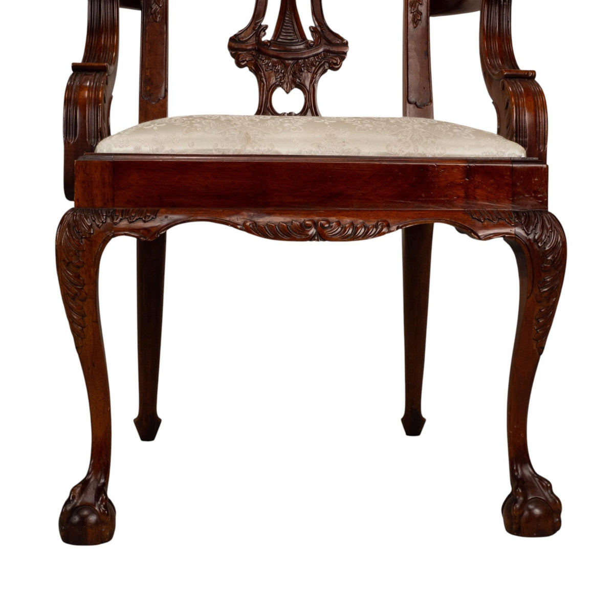 Pair Antique Chippendale Revival Carved Mahogany Ball & Claw Arm Chairs
