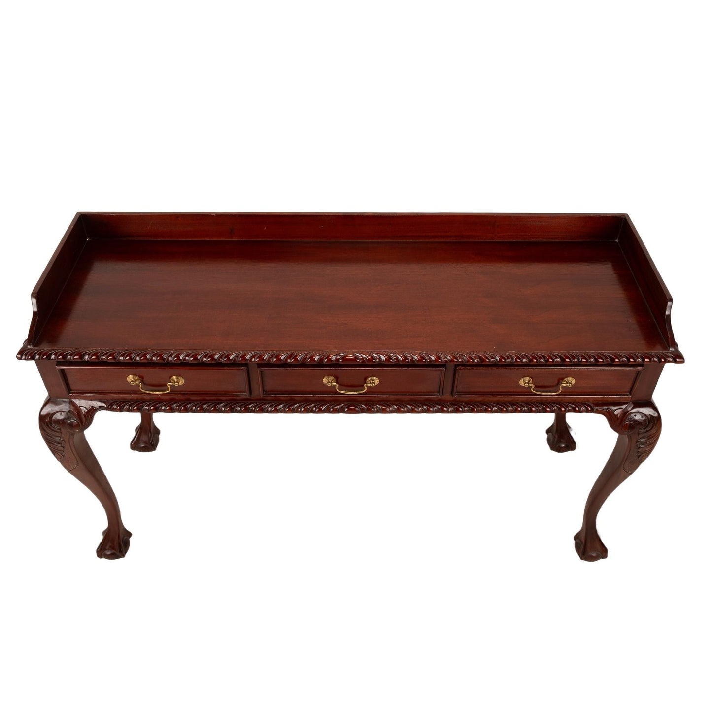 1940s Mahogany Chippendale Ball & Claw 3 Drawer Writing Desk/ Sofa Table , Elegant Carved Table, Baroque Console, Deep Wood Tones,