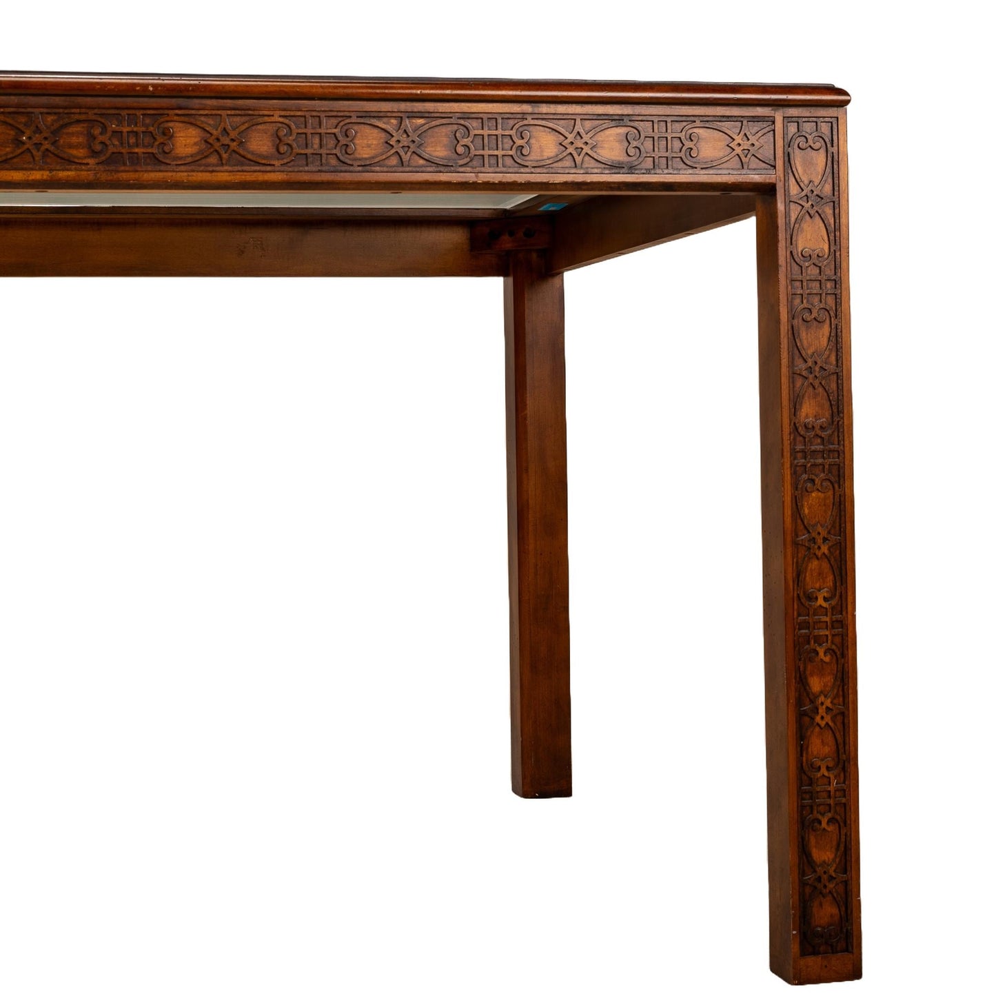 1970s Drexel Heritage Chinese Chippendale Style Carved Wood Glass Top Dining Table , Unique Beautiful Carving Detail Work