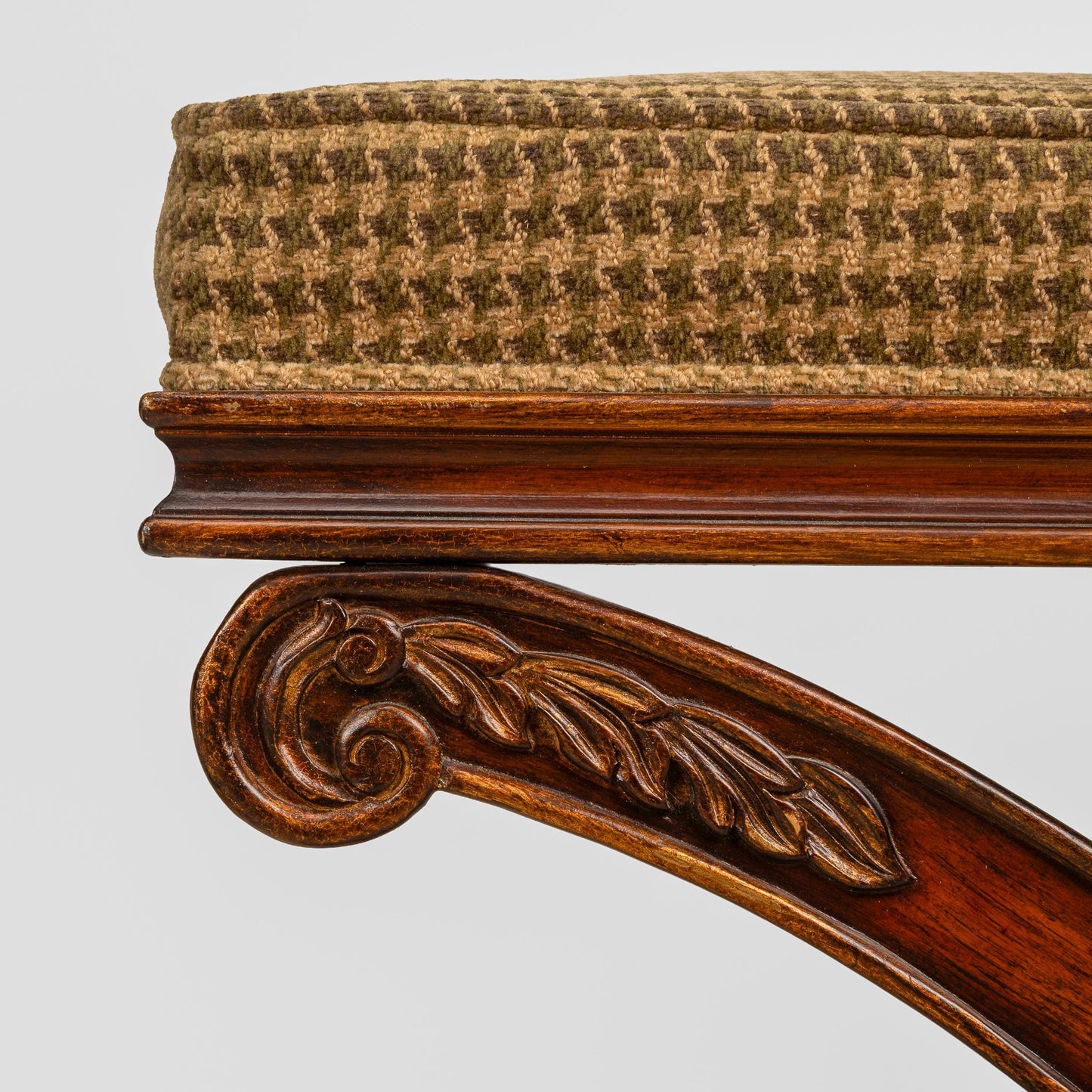 Ethan Allen Carved Wood X-Base Low Stools With Houndstooth Upholstery - A Pair