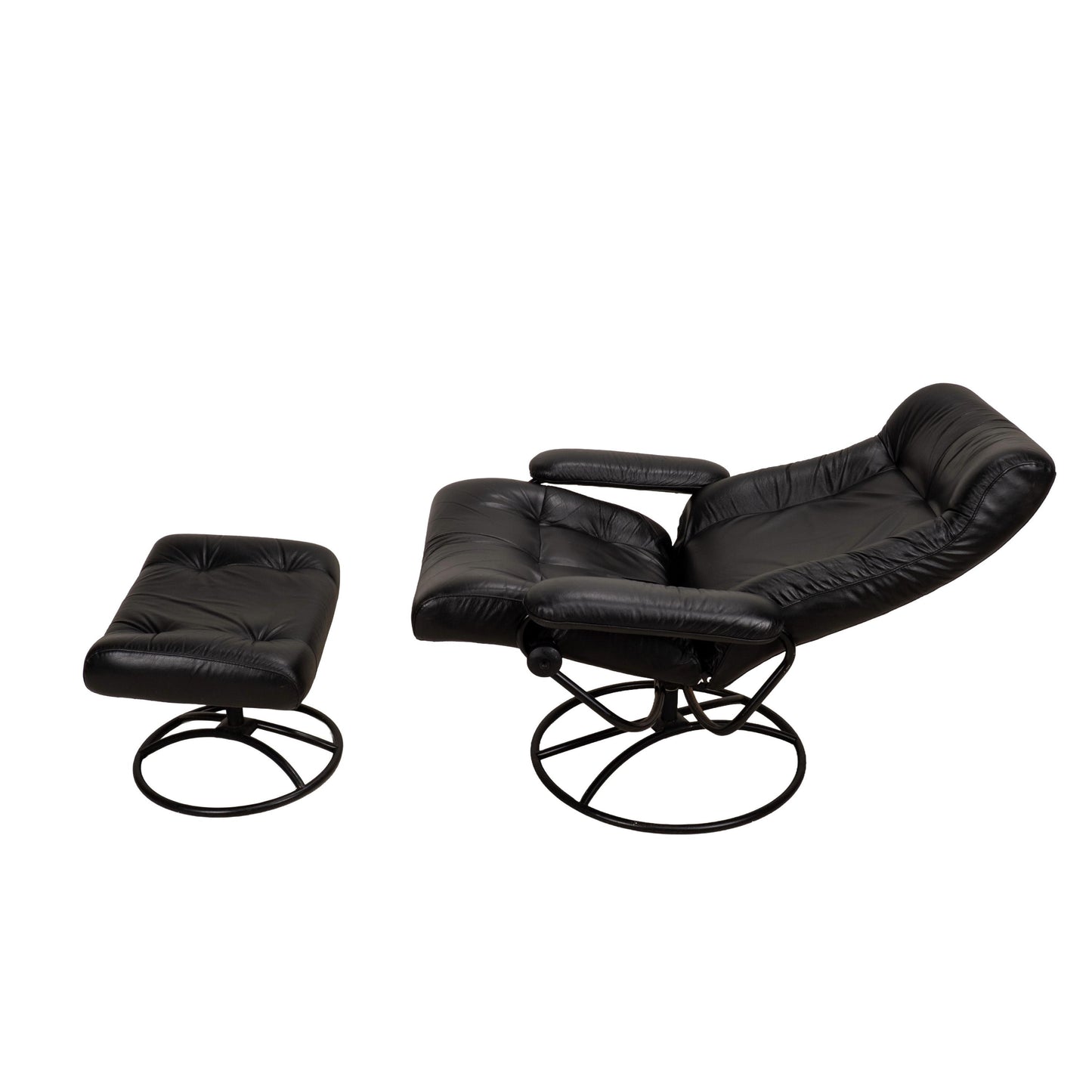 1980s Vintage Ekornes Stressless Black Leather Recliner & Ottoman Made in Norway