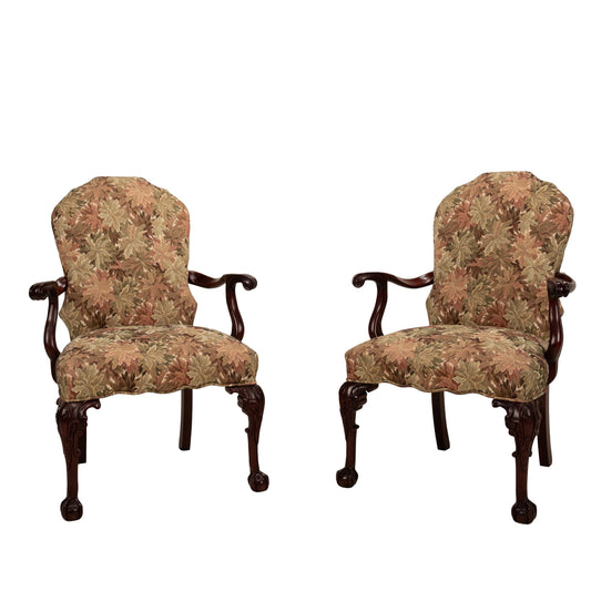George II Revival Open Arm Floral Claw Footed Arm Chairs – Pair, Vintage Antique English Style Seating, Elegant Upholstered Chairs