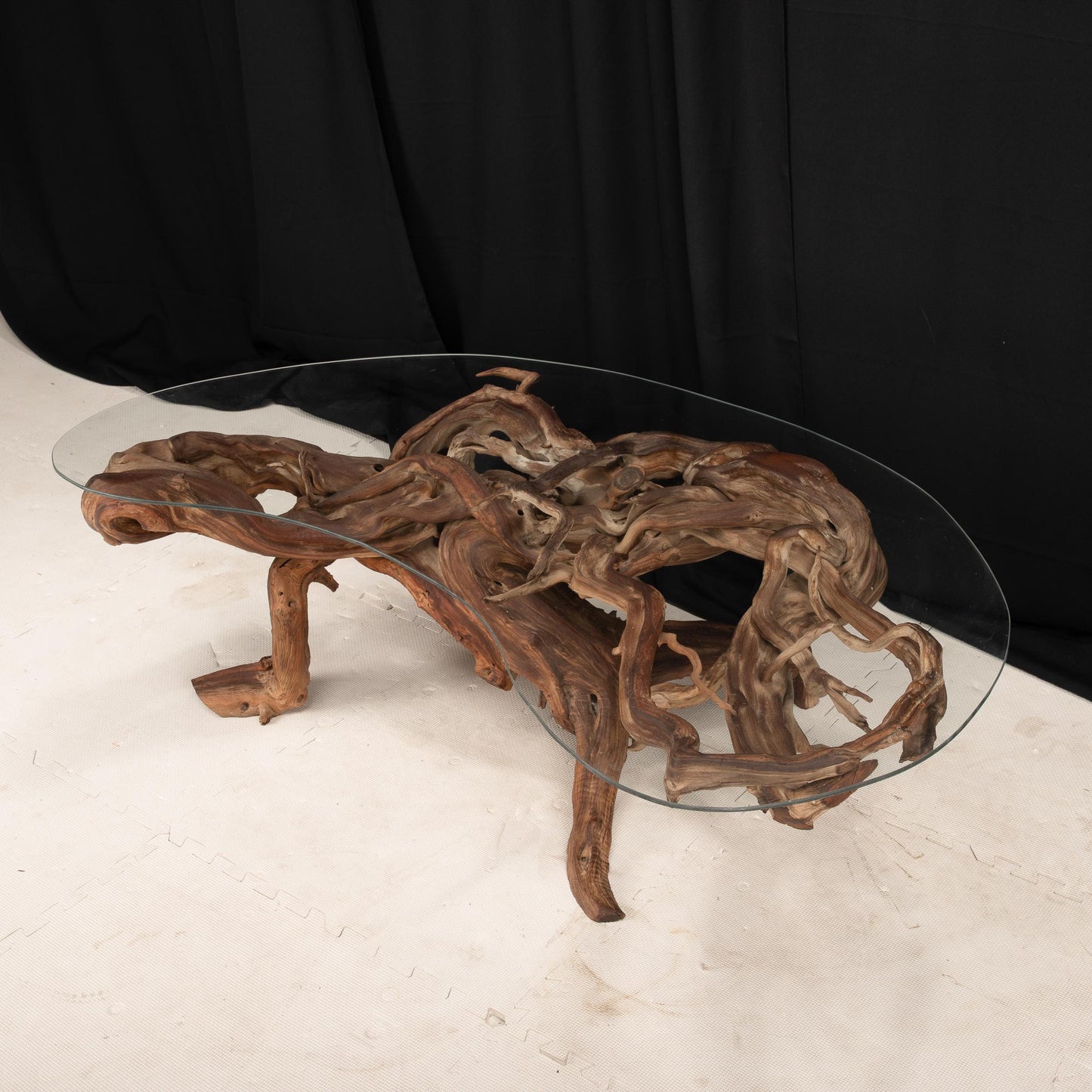 Mid-Century Organic Modern Driftwood Coffee Table – 1960s Sculptural Wood Base w/ Original Biomorphic Kidney Glass Top, Vintage MCM Decor