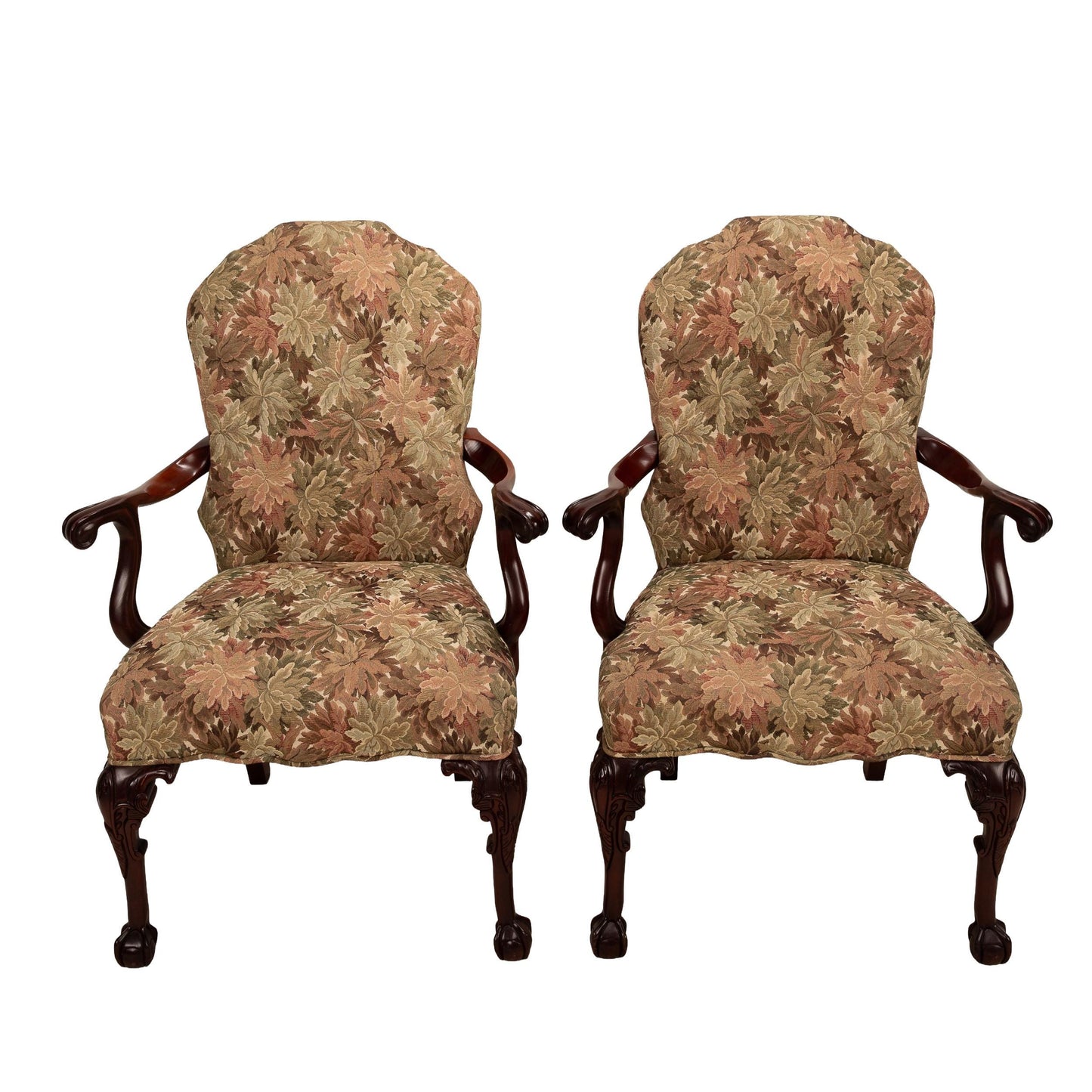 George II Revival Open Arm Floral Claw Footed Arm Chairs – Pair, Vintage Antique English Style Seating, Elegant Upholstered Chairs