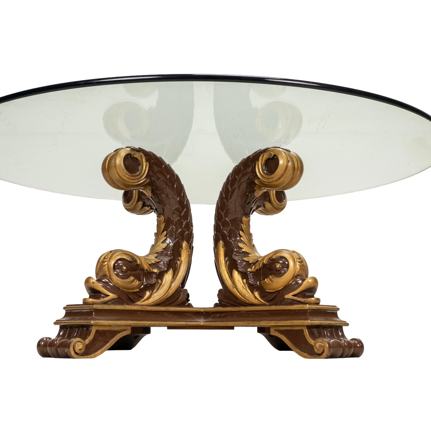 Italian Neoclassical Style Gilt Scroll Base Oval Glass Coffee Table Hollywood Regency