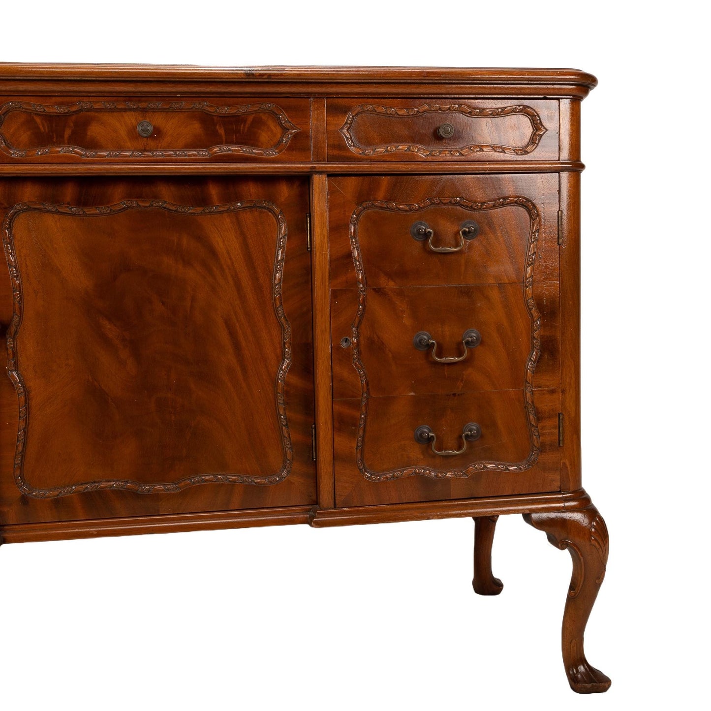 Antique French Provincial Style Flamed Mahogany Sideboard Buffet - High End Furniture, Gorgeous Burl Wood Pattern, USA Shipping Available