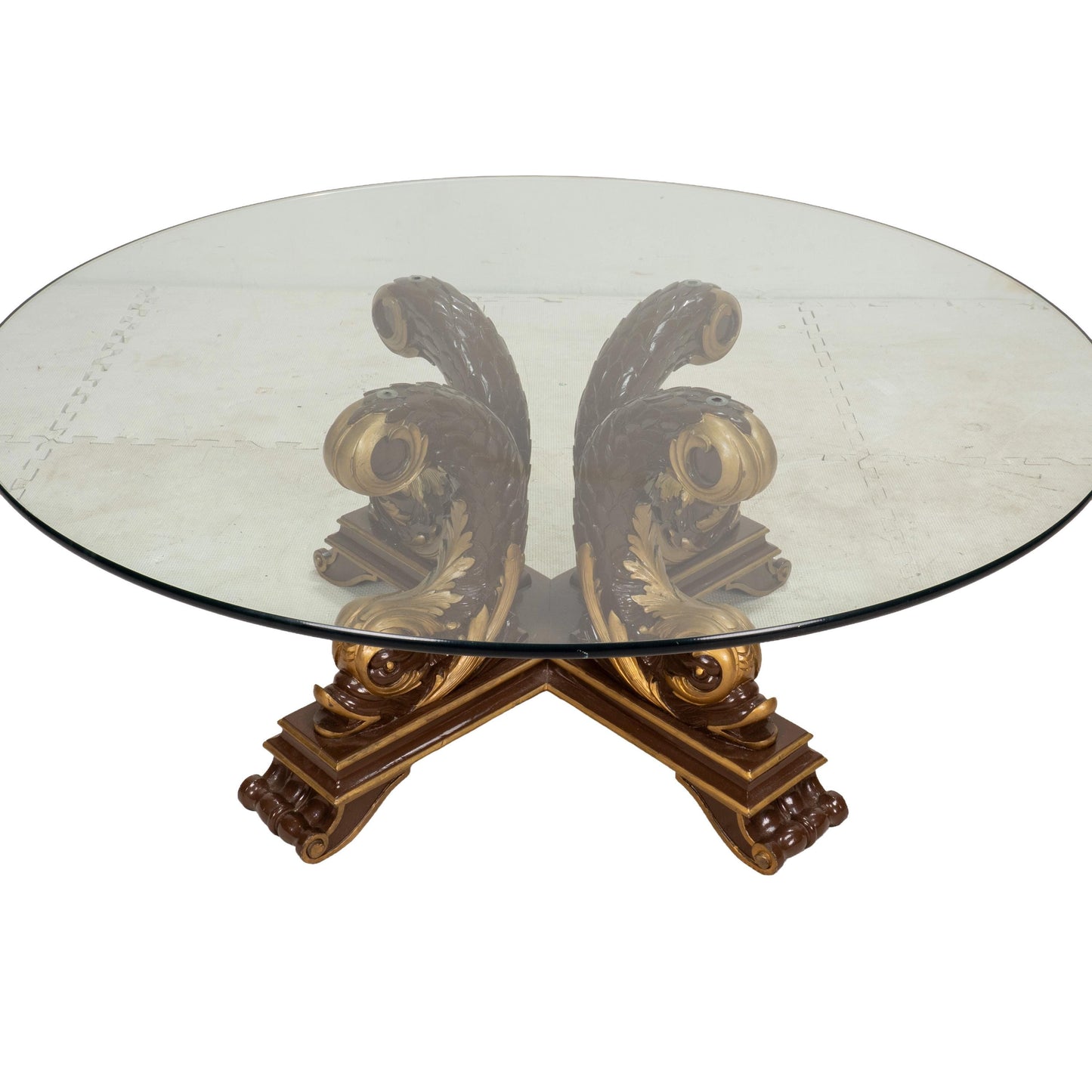 Italian Neoclassical Style Gilt Scroll Base Oval Glass Coffee Table Hollywood Regency