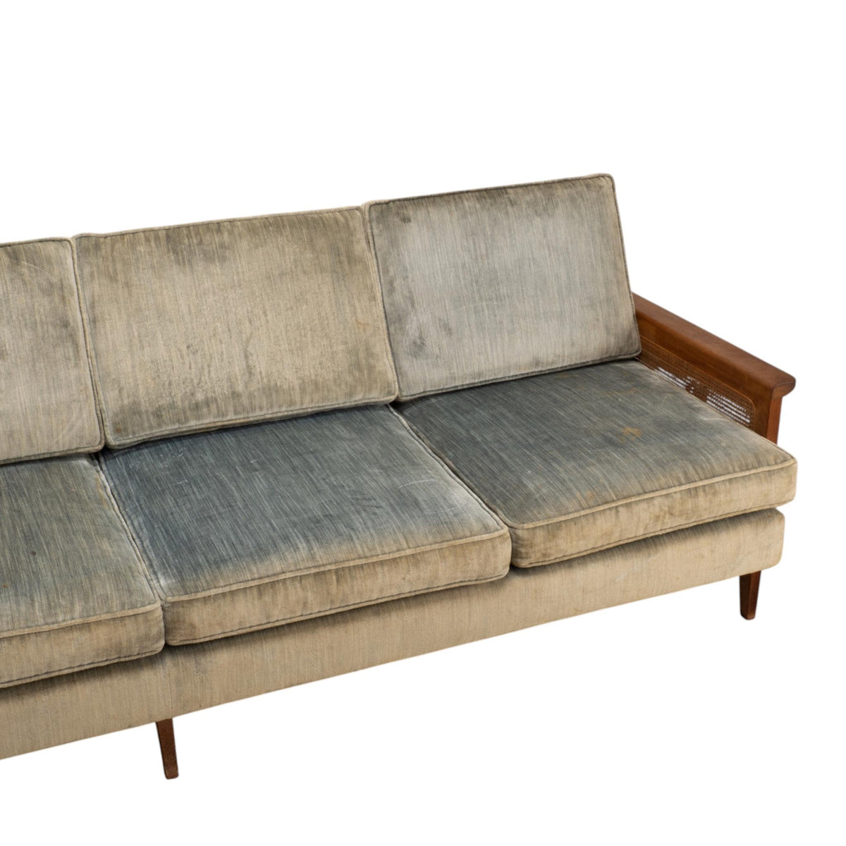 1960s Mid Century Modern 101" Caned Walnut Velvet Sofa for Reupholstery