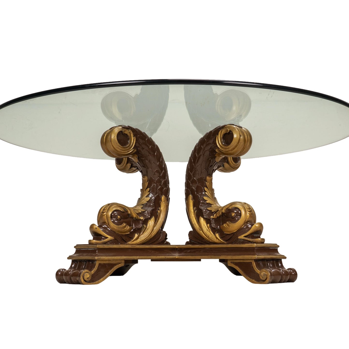Italian Neoclassical Style Gilt Scroll Base Oval Glass Coffee Table Hollywood Regency