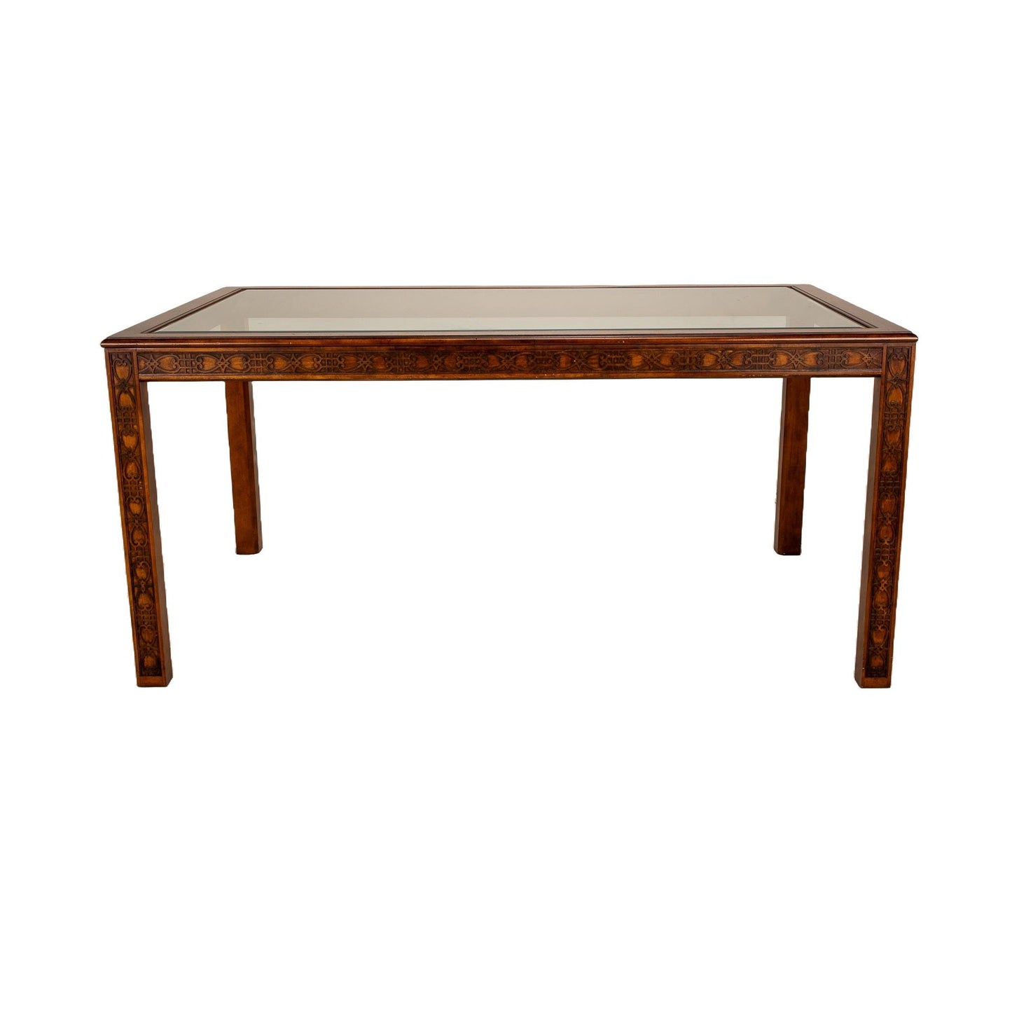 1970s Drexel Heritage Chinese Chippendale Style Carved Wood Glass Top Dining Table , Unique Beautiful Carving Detail Work