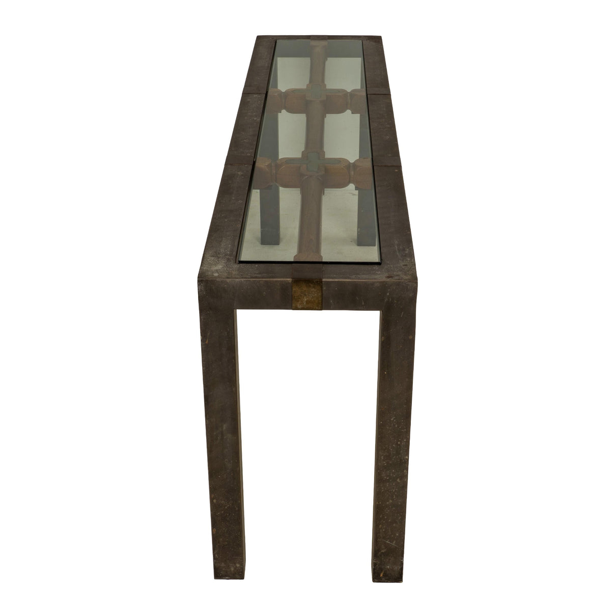 Vintage Brutalist Iron, Brass & Wood Console Table W/ Thick Beveled Glass Insert