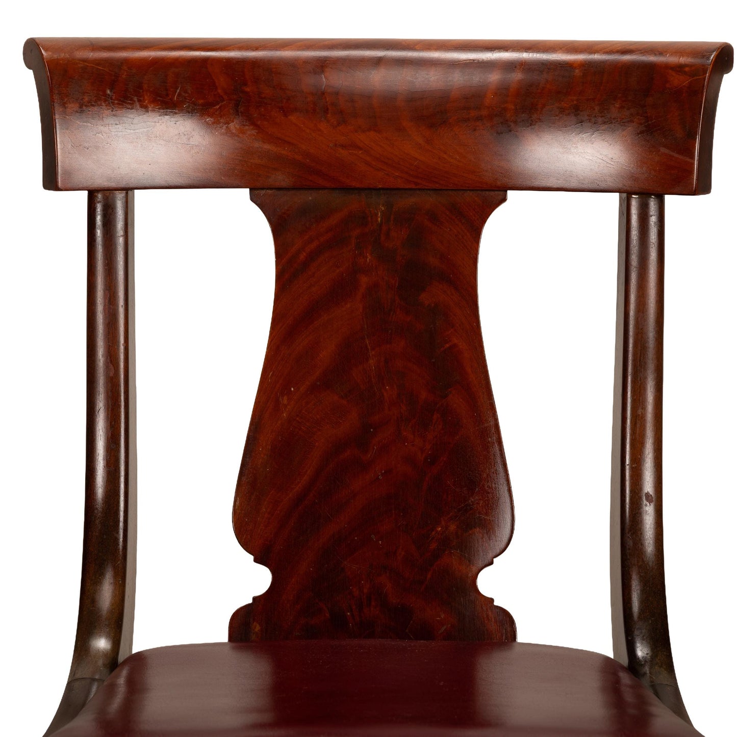Antique 19th Century Flame Mahogany Gondola Dining Chairs with Saber Legs – Set of 4, Vintage Neoclassical Dining Seating