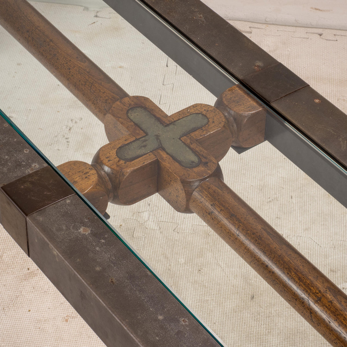 Vintage Brutalist Iron, Brass & Wood Console Table W/ Thick Beveled Glass Insert