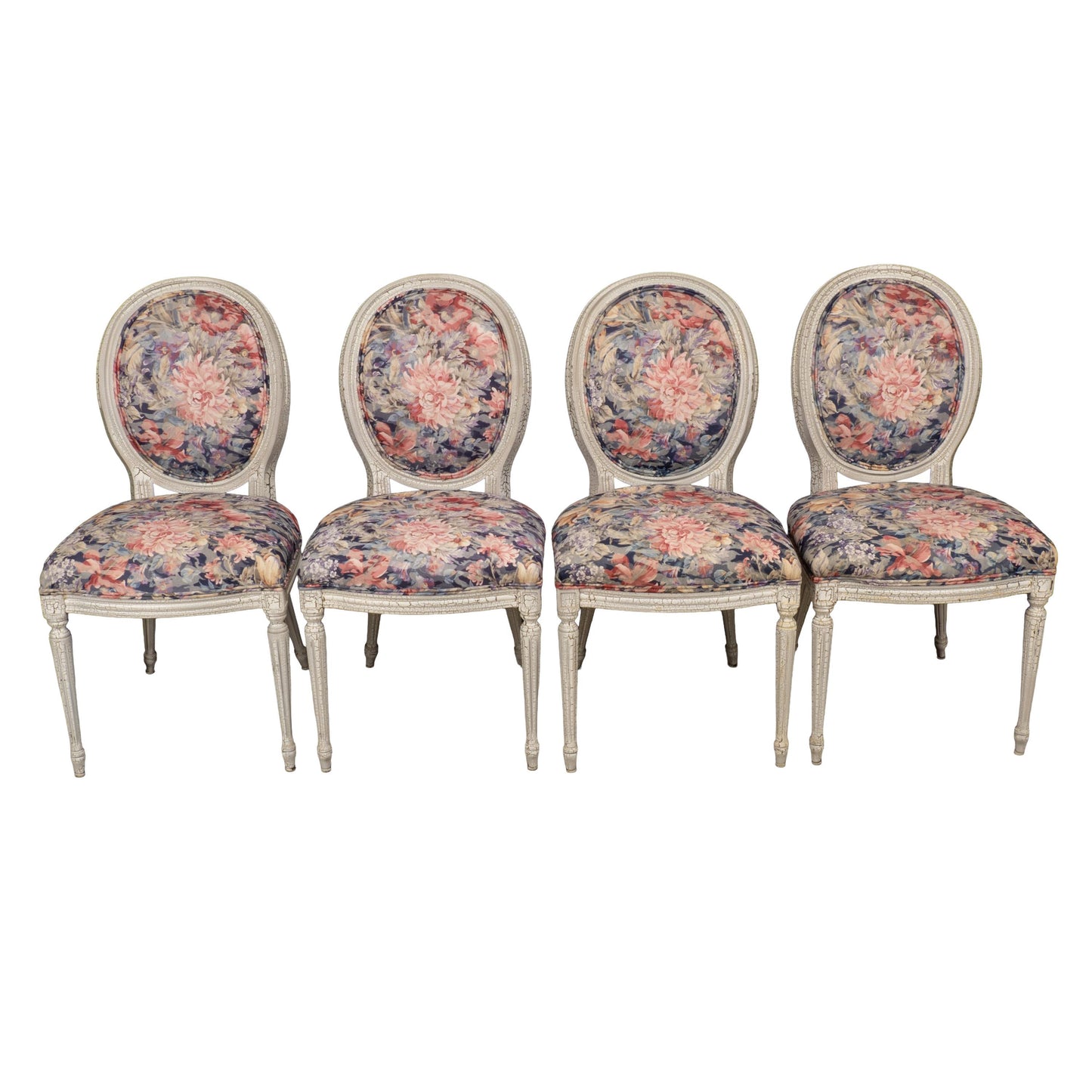 French Style Shabby Chic Dining Chairs Floral Upholstery Distressed Crackle Finish - Set of 4