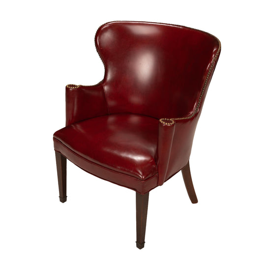 1950s Burgundy Red Vinyl Wingback Club Chair | Studded Library Lounge Armchair | Mid Century Accent Seating