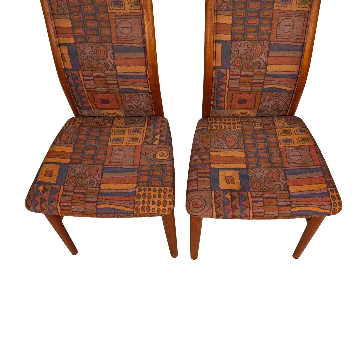 Pair Vintage Danish Teak Side Accent Chairs – Schou Andersen Denmark – Funky 80s Upholstery