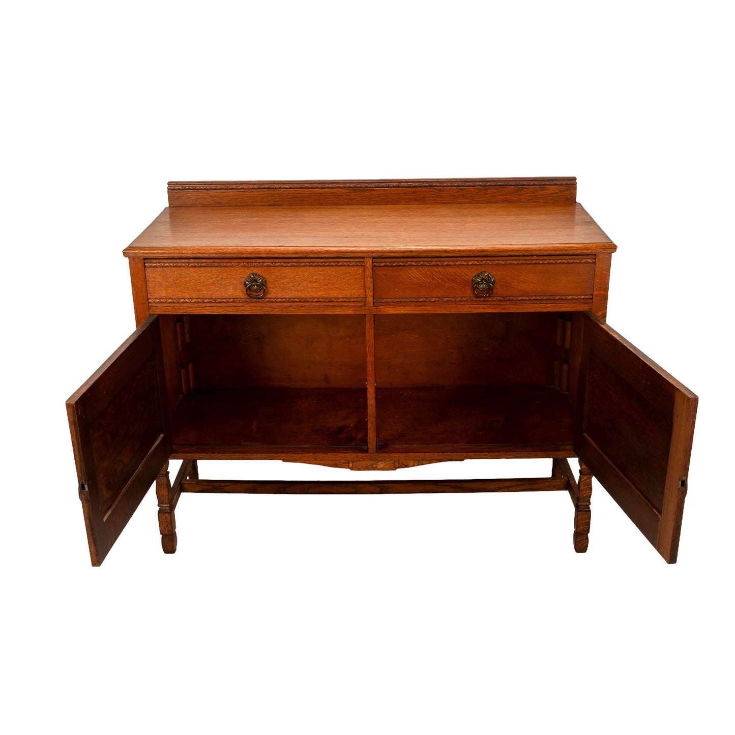 1940s English Jacobean Style Carved Tiger Oak Sideboard Buffet Credenza | Antique Server Cabinet | Vintage Dining Room Furniture