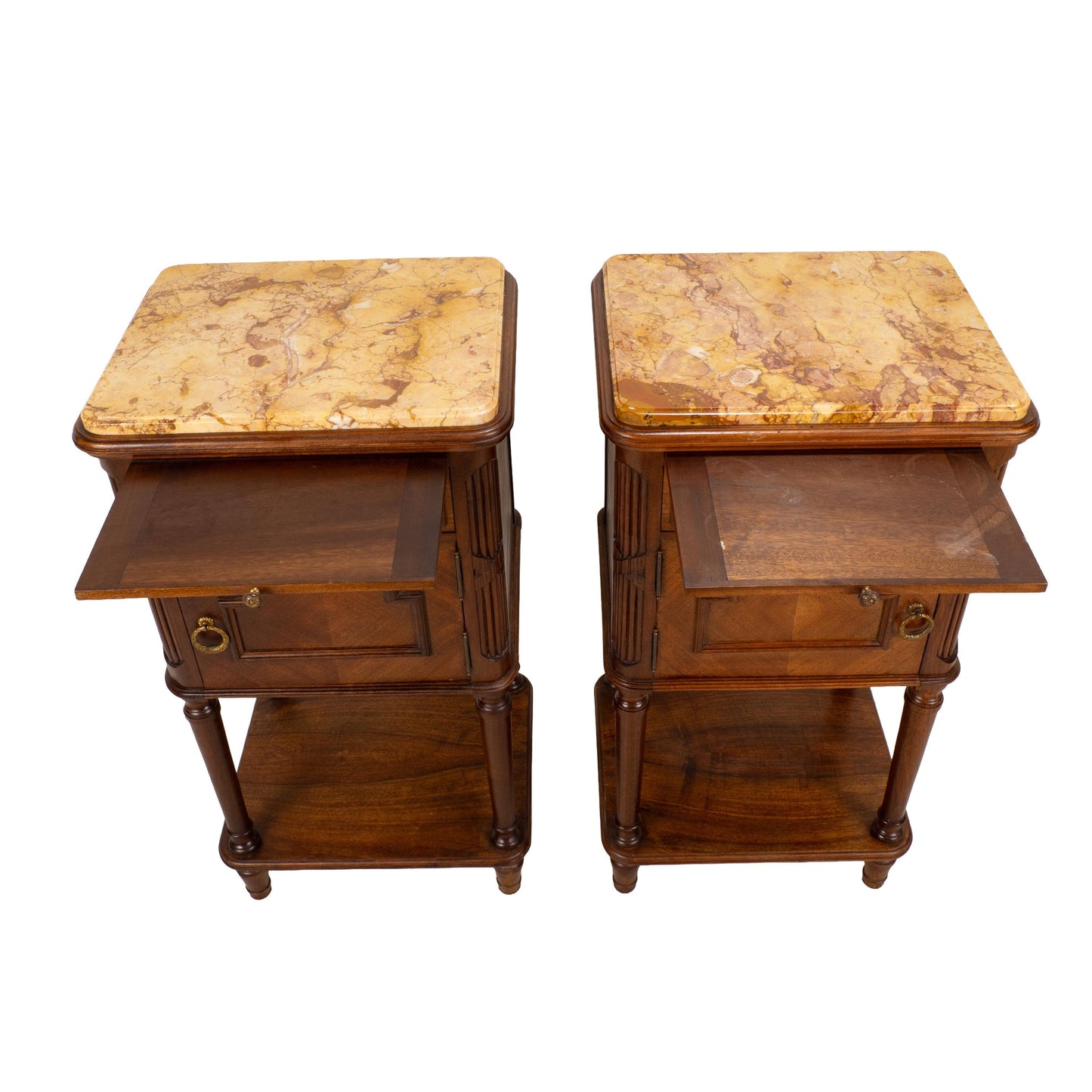 Antique French Louis XVI Style Marble Top Ceramic Lined Nightstands - A Pair