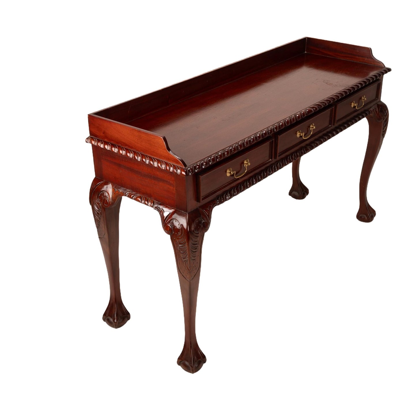 1940s Mahogany Chippendale Ball & Claw 3 Drawer Writing Desk/ Sofa Table , Elegant Carved Table, Baroque Console, Deep Wood Tones,