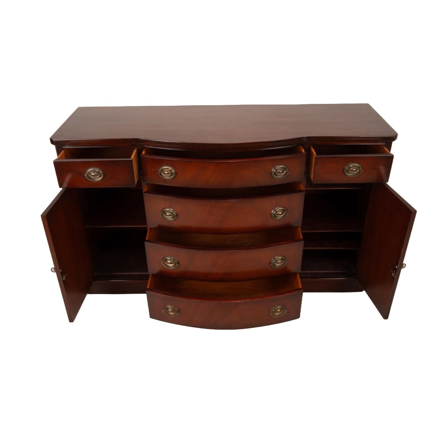 1950s Drexel New Travis Court Collection Mahogany Bow Front Buffet Server Sideboard, Elegant Dining Room Furniture, Classic Piece