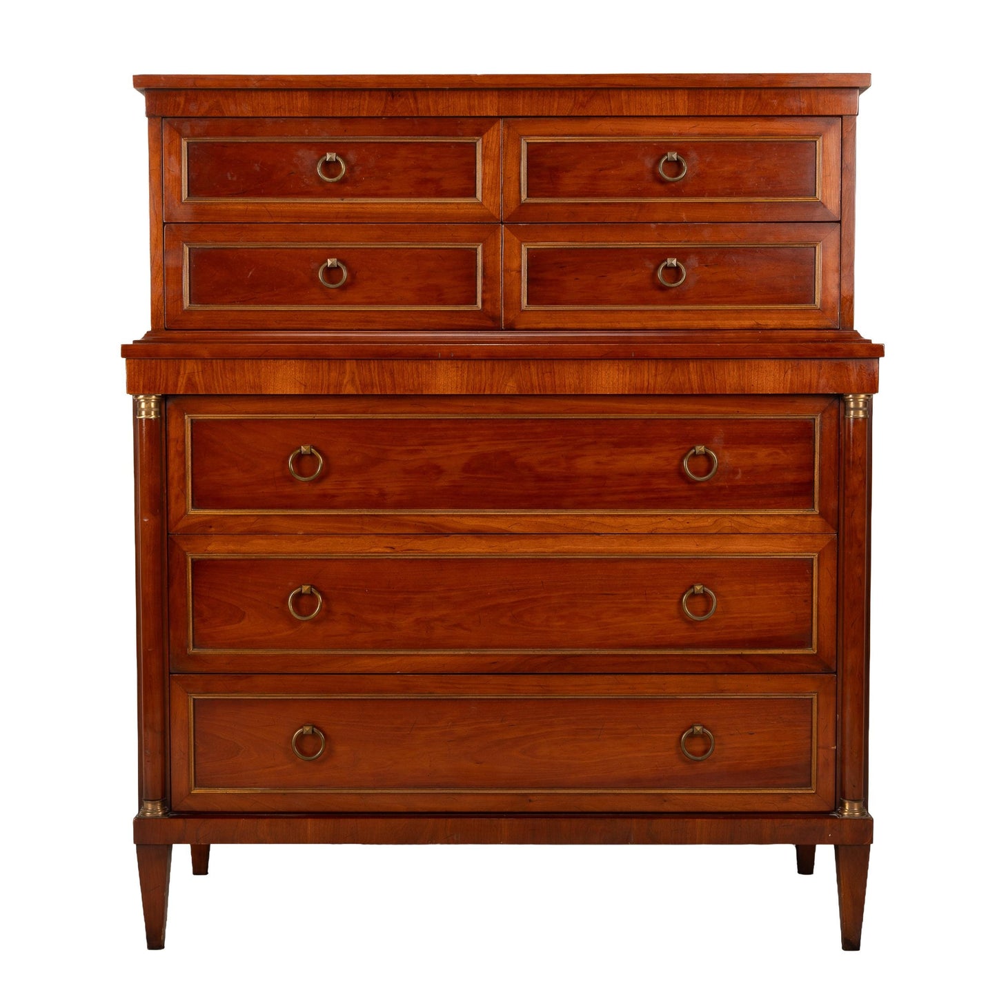 1940s Louis XVI Empire Style Highboy Dresser Brass Hardware, 7 Drawer French Inspired Chest, Vintage Bedroom Furniture, Art Deco Handles