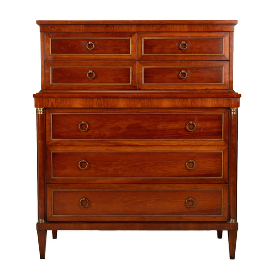 1940s Louis XVI Empire Style Highboy Dresser Brass Hardware, 7 Drawer French Inspired Chest, Vintage Bedroom Furniture, Art Deco Handles