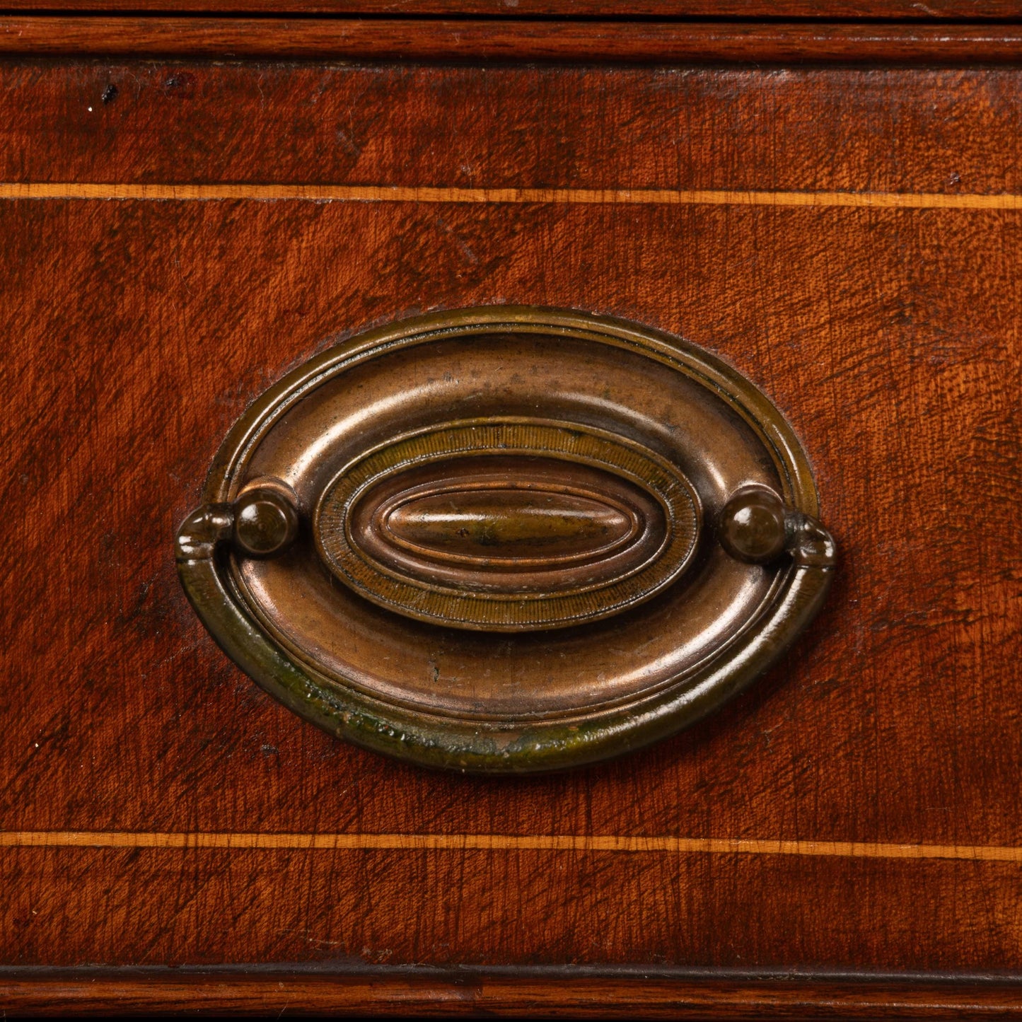 Vintage Federal Style Bow-Front Two-Drawer Console Table W/ Flamed Mahogany Details and Brass Hardware