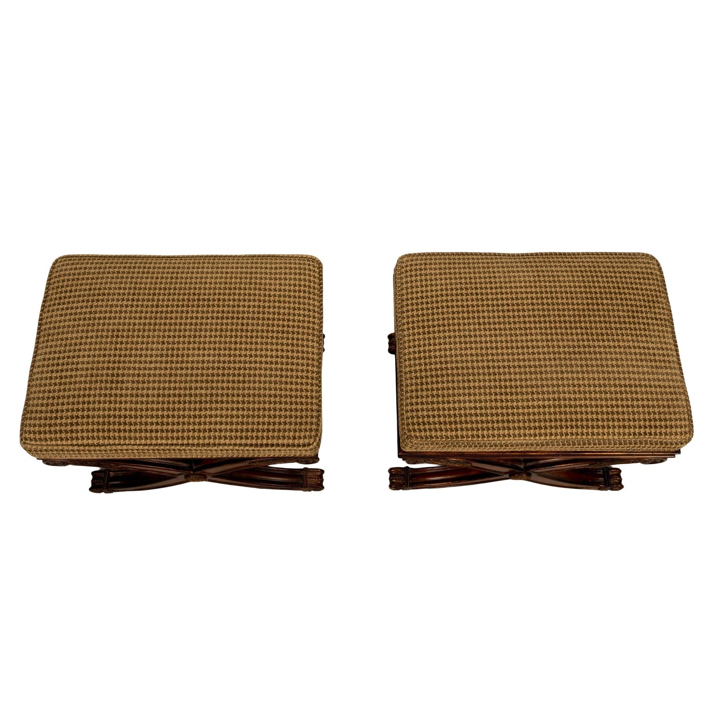 Ethan Allen Carved Wood X-Base Low Stools With Houndstooth Upholstery - A Pair