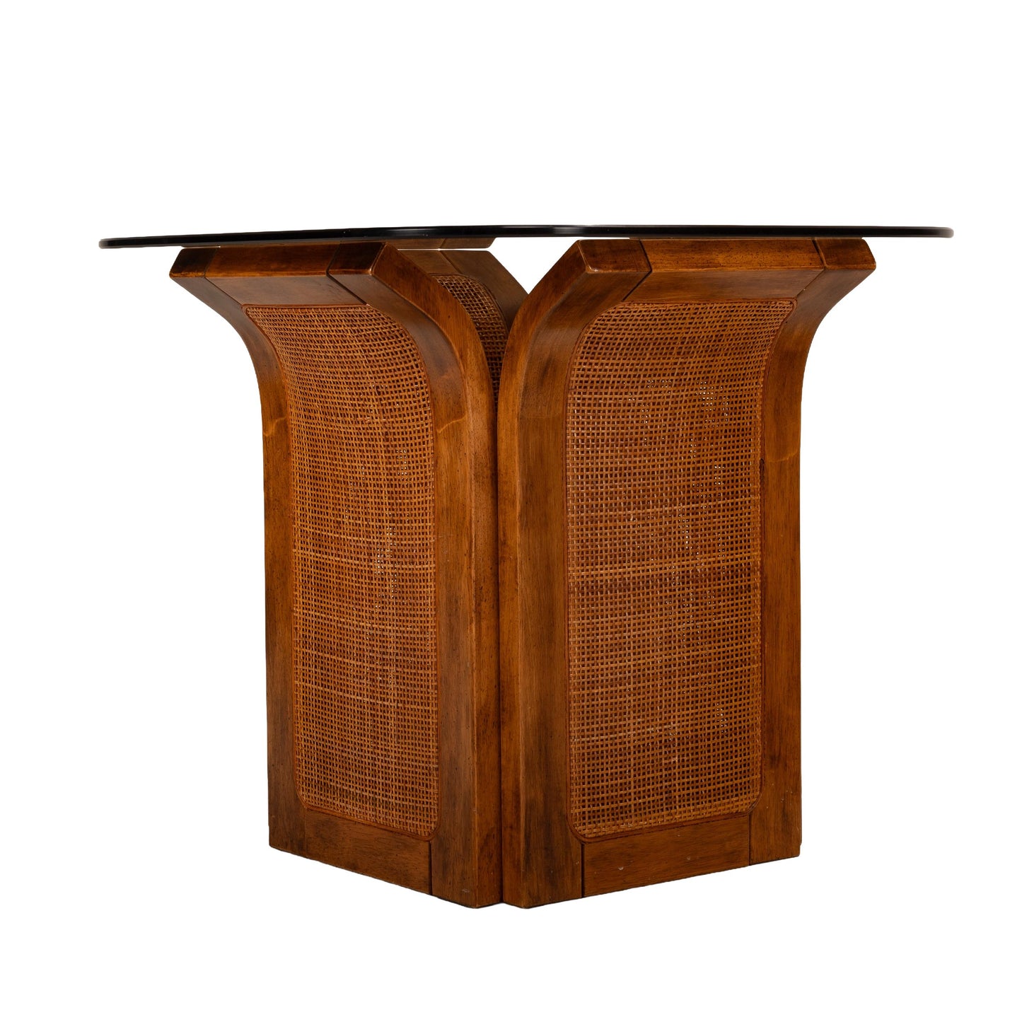 1960s Mid Century Modern Double Wicker Bentwood Side Tables with Smoked Glass Tops – Retro Boho Chic Vintage Accent End Tables