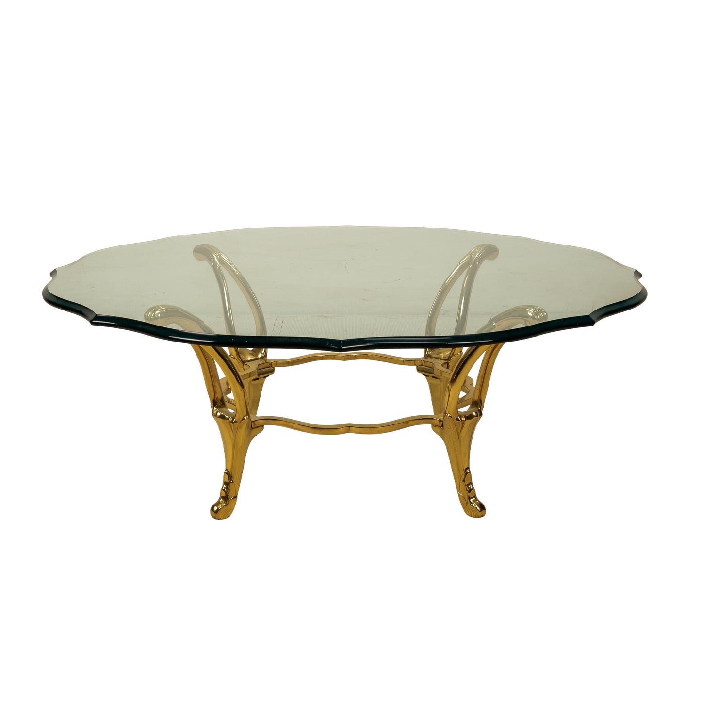 Hollywood Regency Brass & Glass Sculptural Coffee Table - Solid Brass Frame / Thick Ogee Beveled Glass