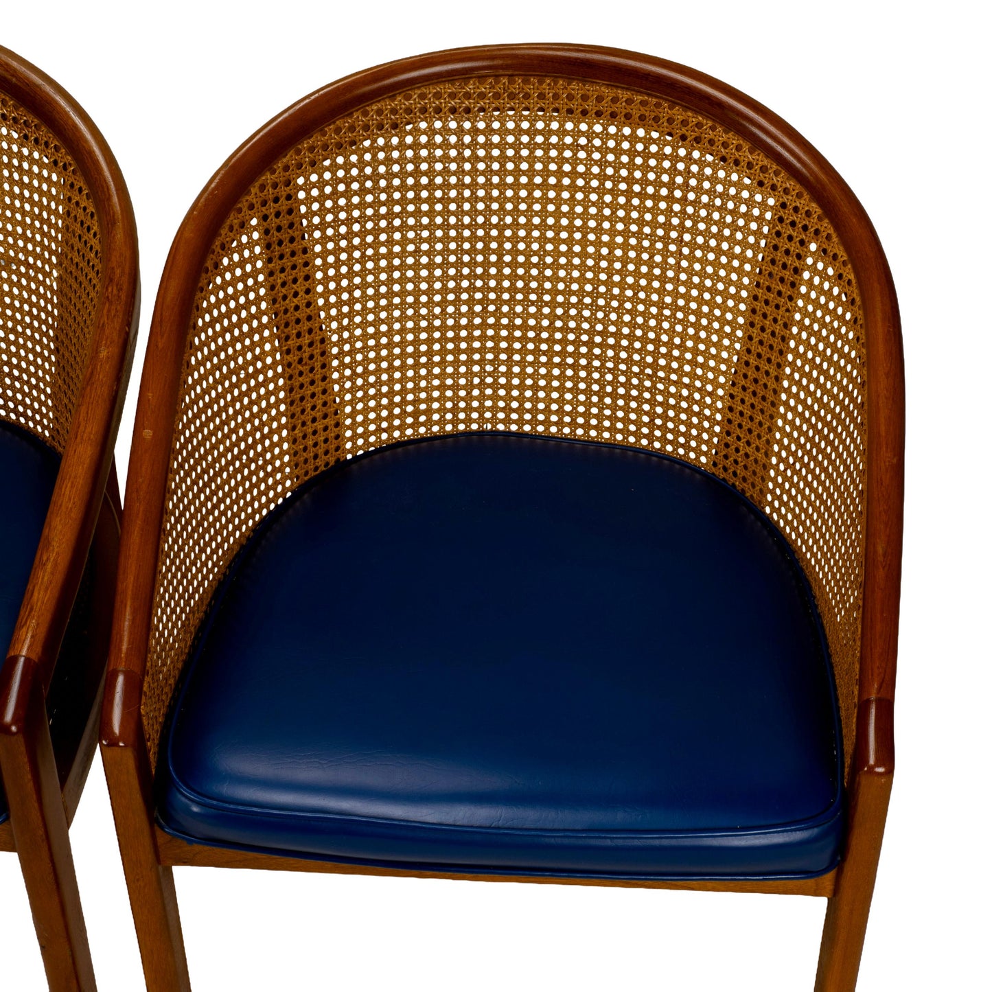 Set of 4 Bent Oak & Cane Tub Chairs on Casters W/ Royal Blue Cushions in the Manner of Ward Bennett