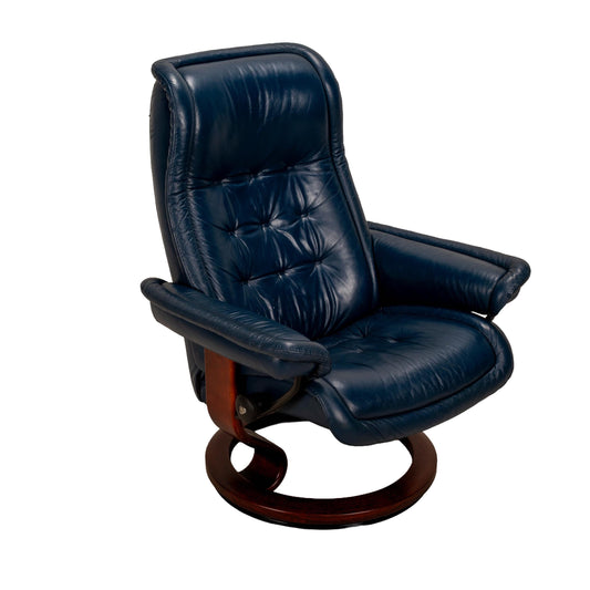 Ekornes Stressless Royal Recliner – Medium – Blue Leather W/ Wood Base - Made in Norway