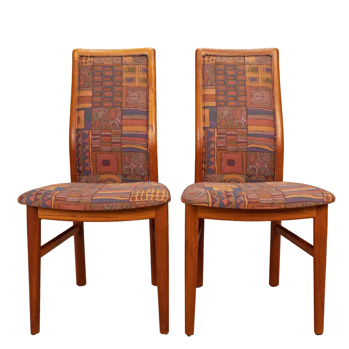 Pair Vintage Danish Teak Side Accent Chairs – Schou Andersen Denmark – Funky 80s Upholstery