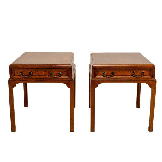 Vintage Burl Walnut Nightstands by Fine Arts Furniture With Brass Handles - A Pair